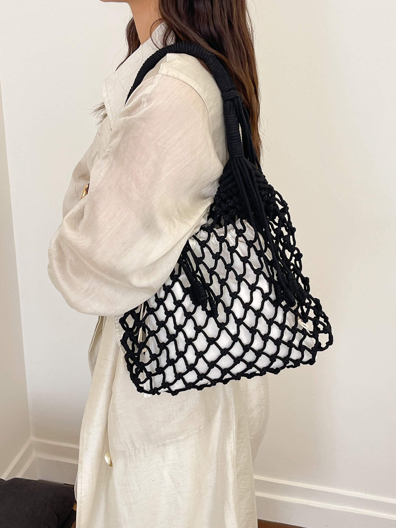 Black Macrame Hobo Shoulder Bag with Net Design
