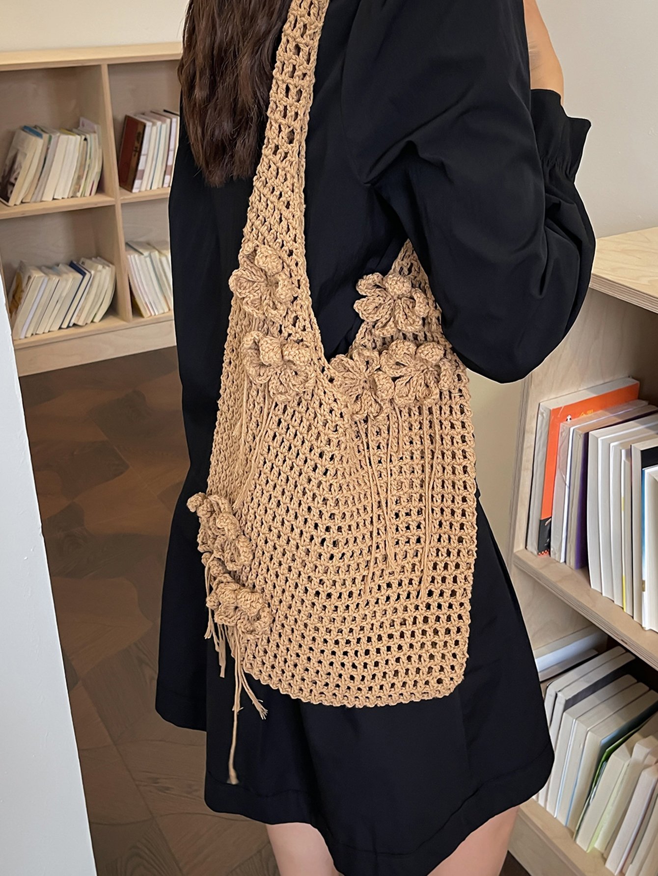 Khaki Floral Crochet Knit Tote Shoulder Bag