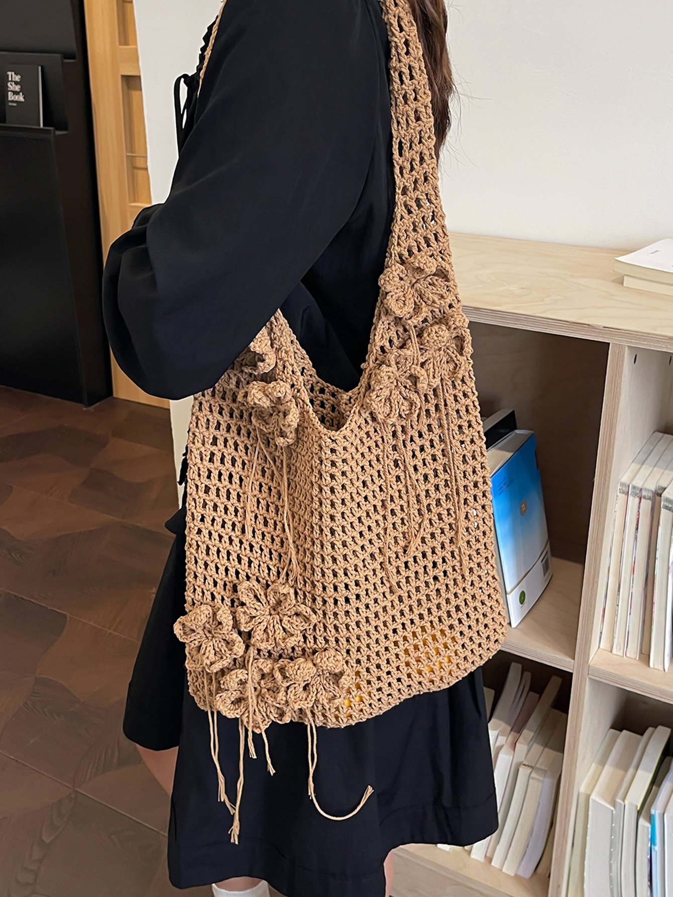 Khaki Floral Crochet Knit Tote Shoulder Bag