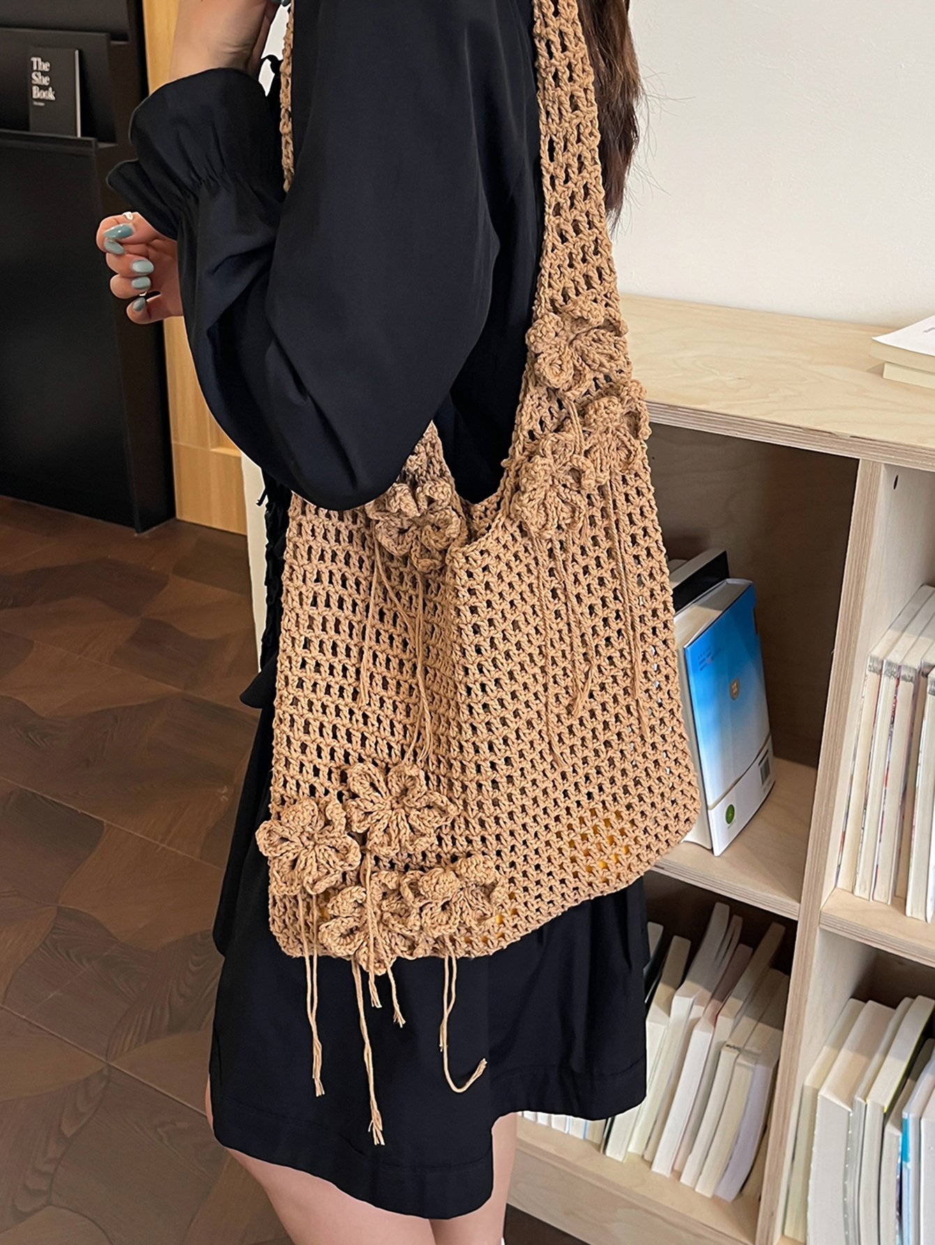 Khaki Floral Crochet Knit Tote Shoulder Bag