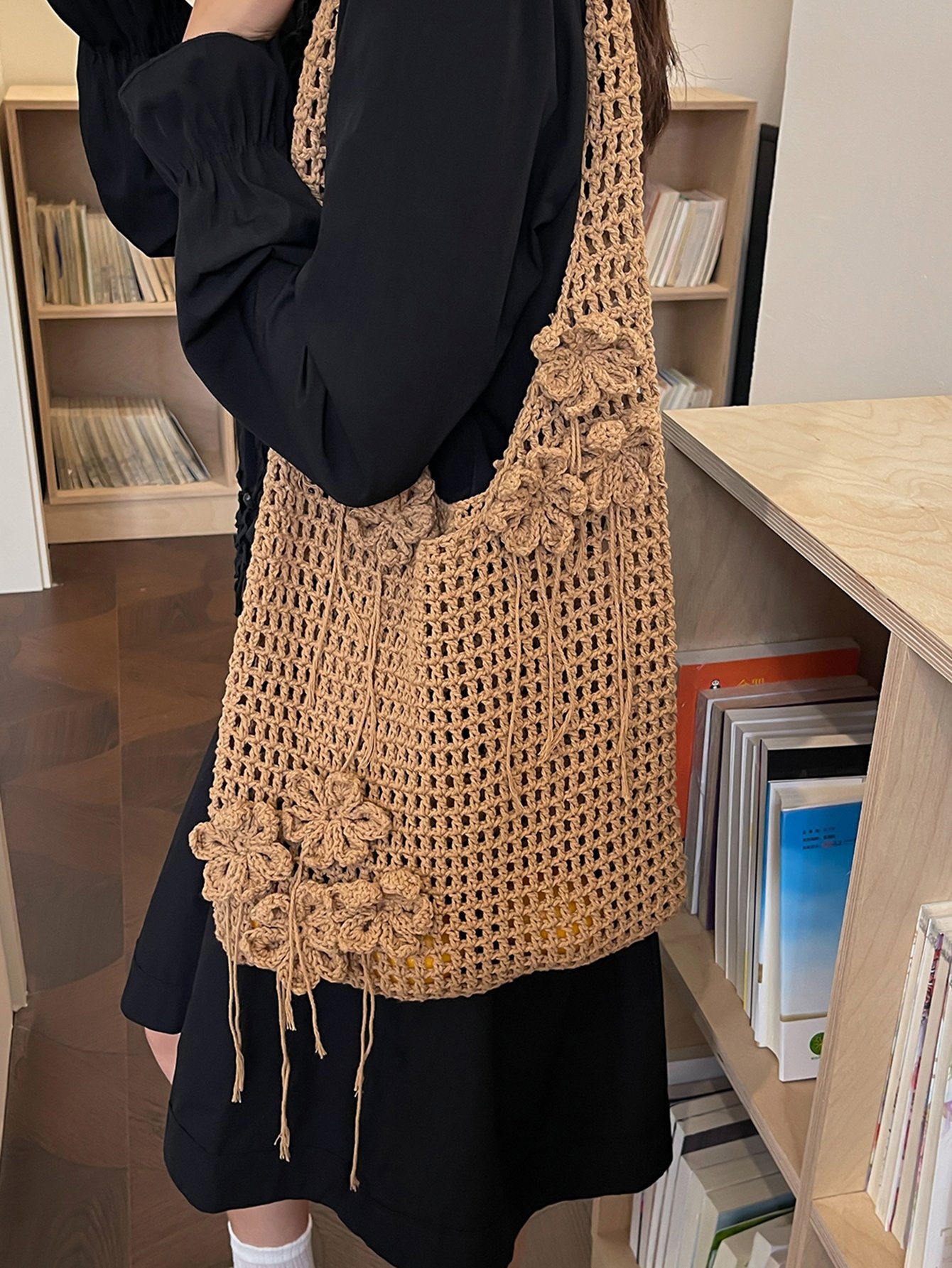 Khaki Floral Crochet Knit Tote Shoulder Bag