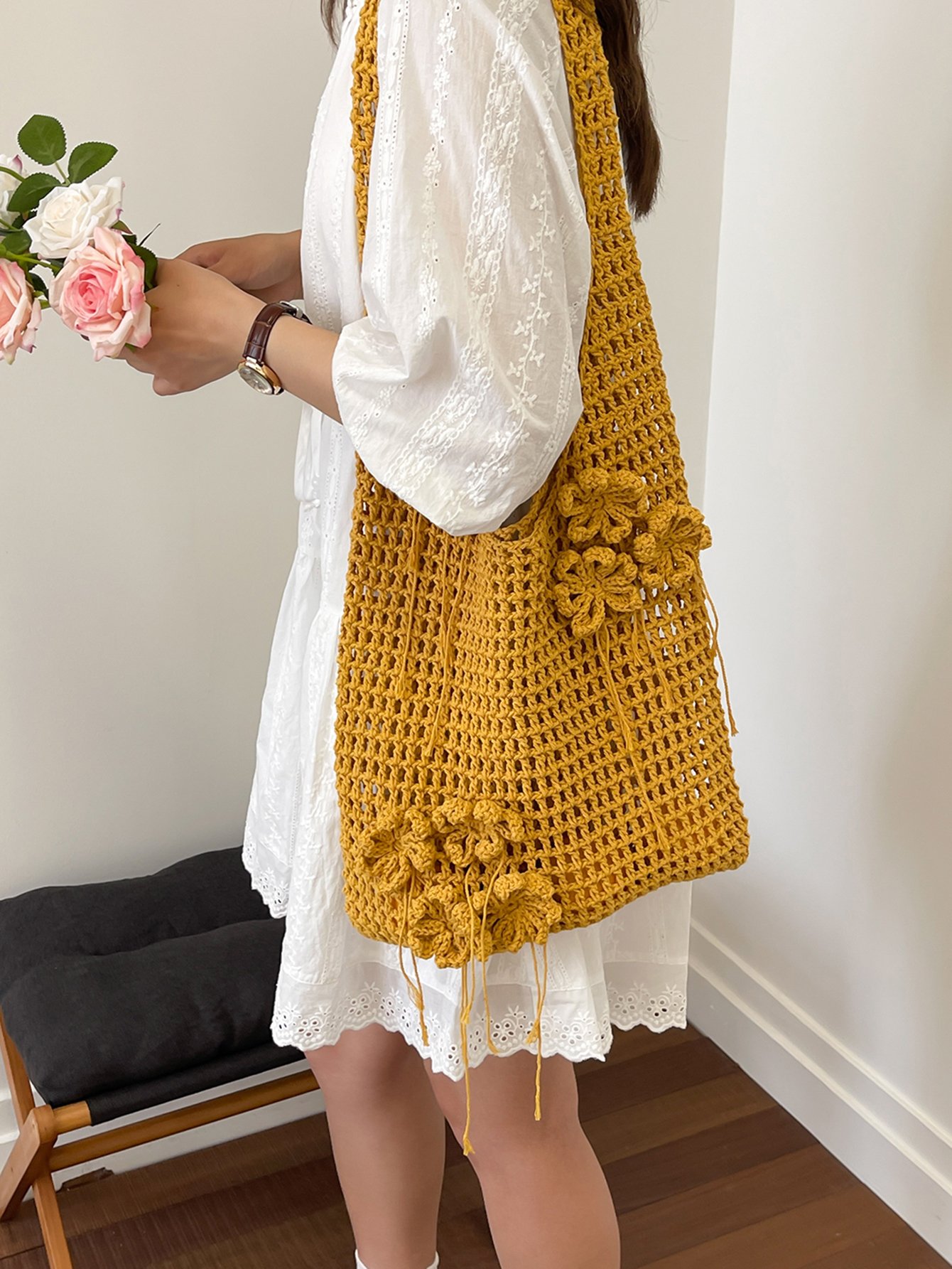 Mustard Crochet Floral Tote Bag