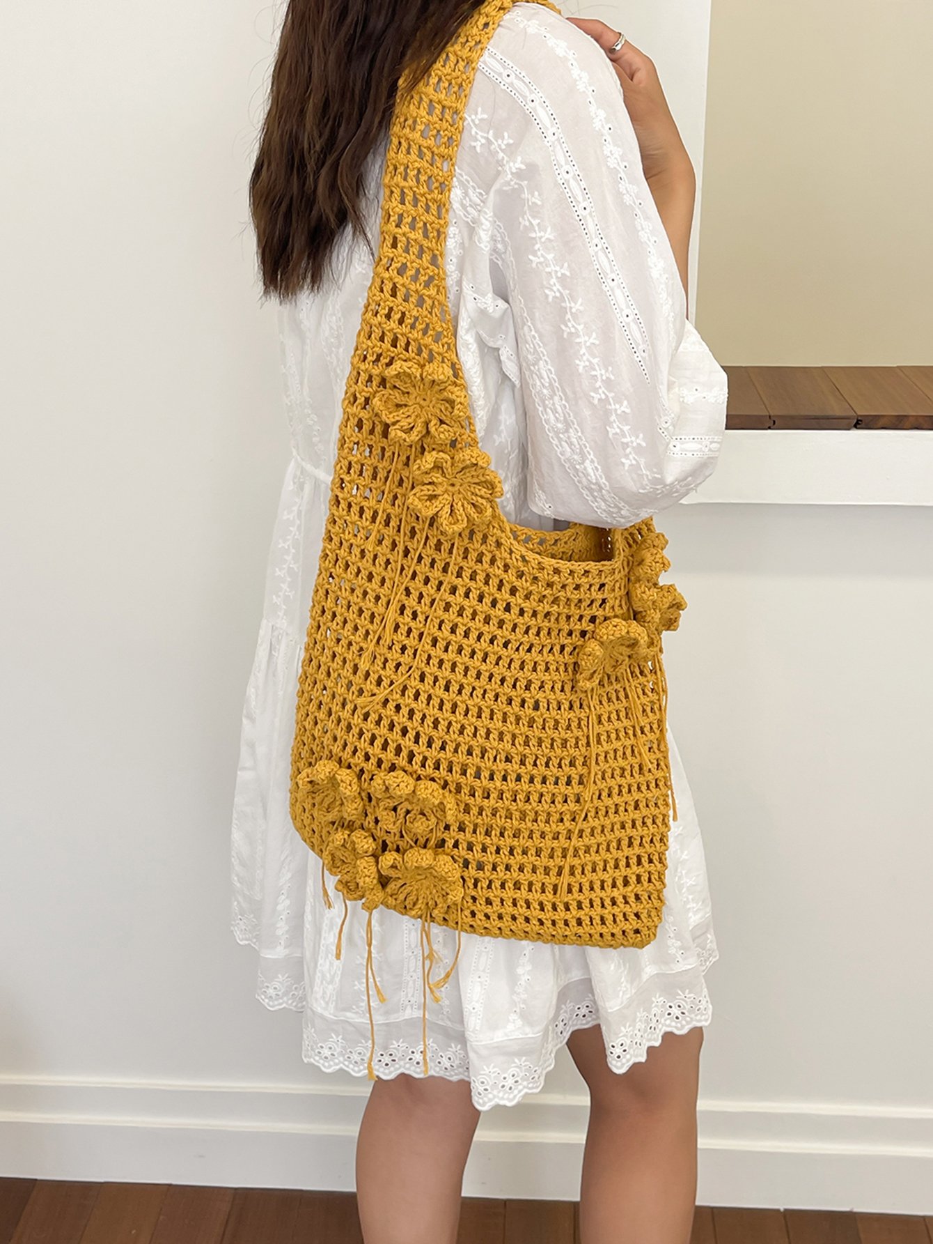 Mustard Crochet Floral Tote Bag