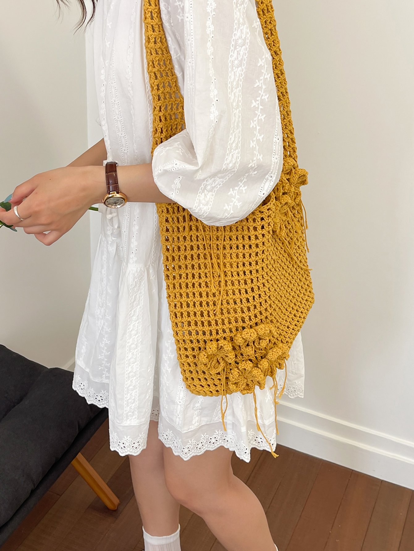 Mustard Crochet Floral Tote Bag