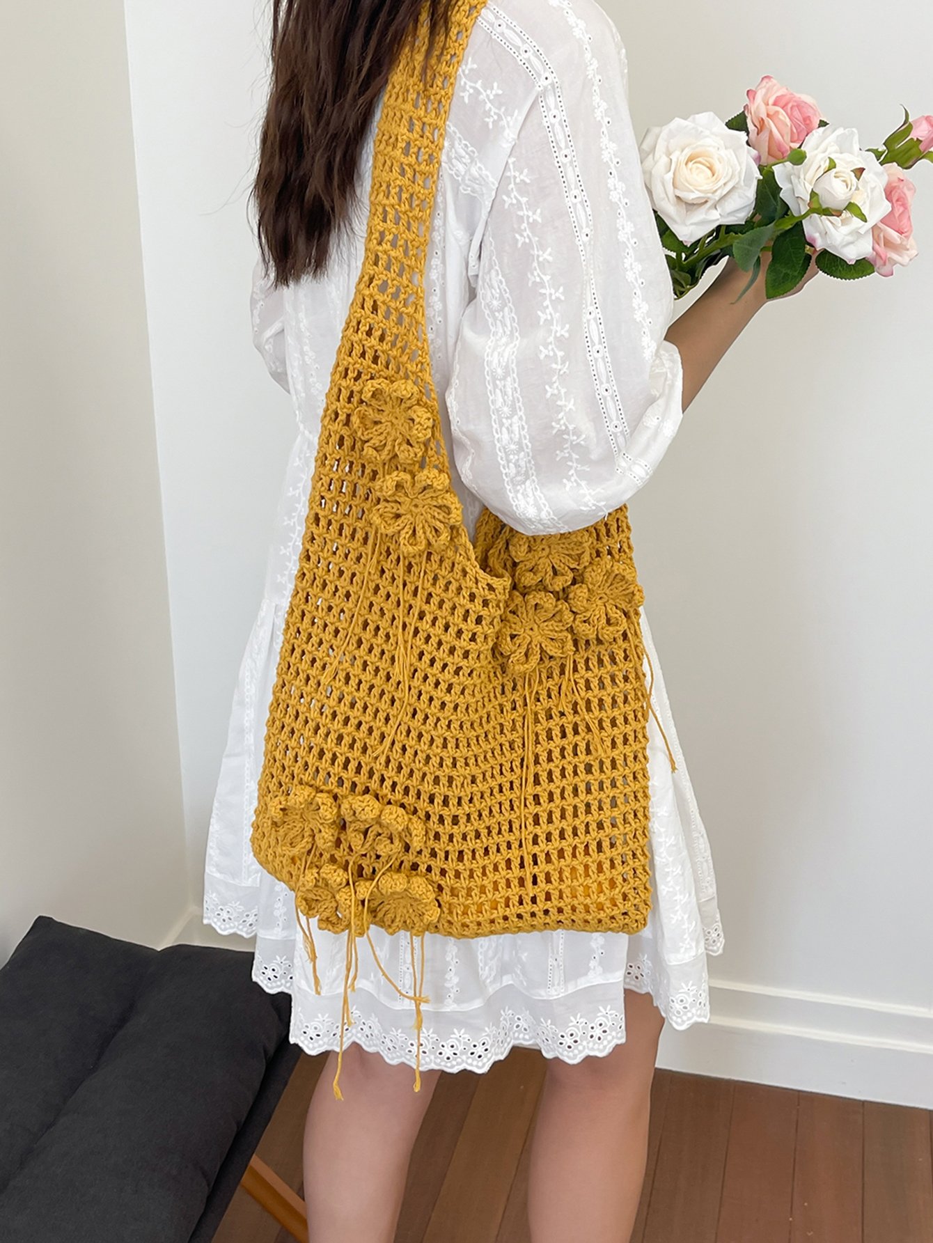 Mustard Crochet Floral Tote Bag