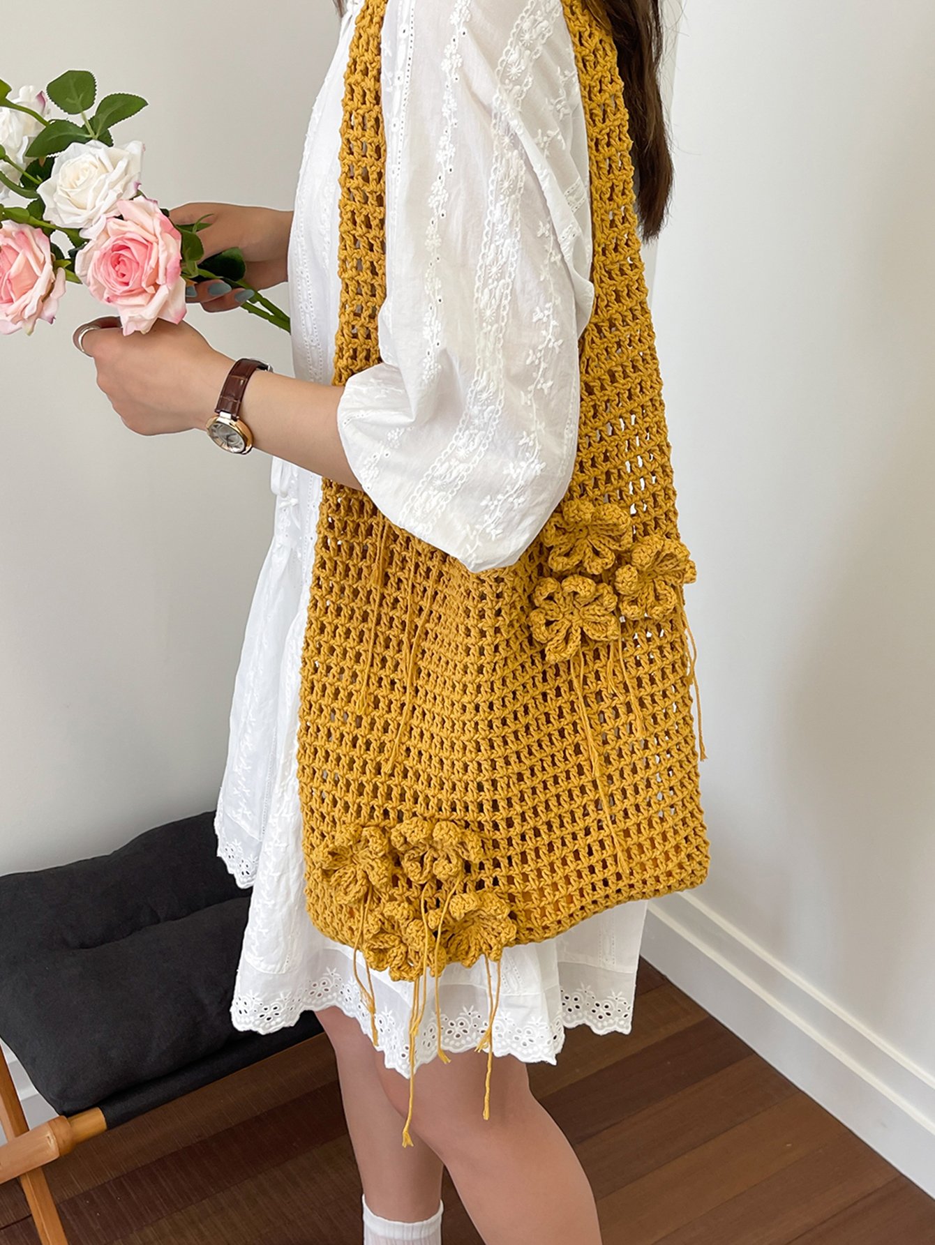 Mustard Crochet Floral Tote Bag