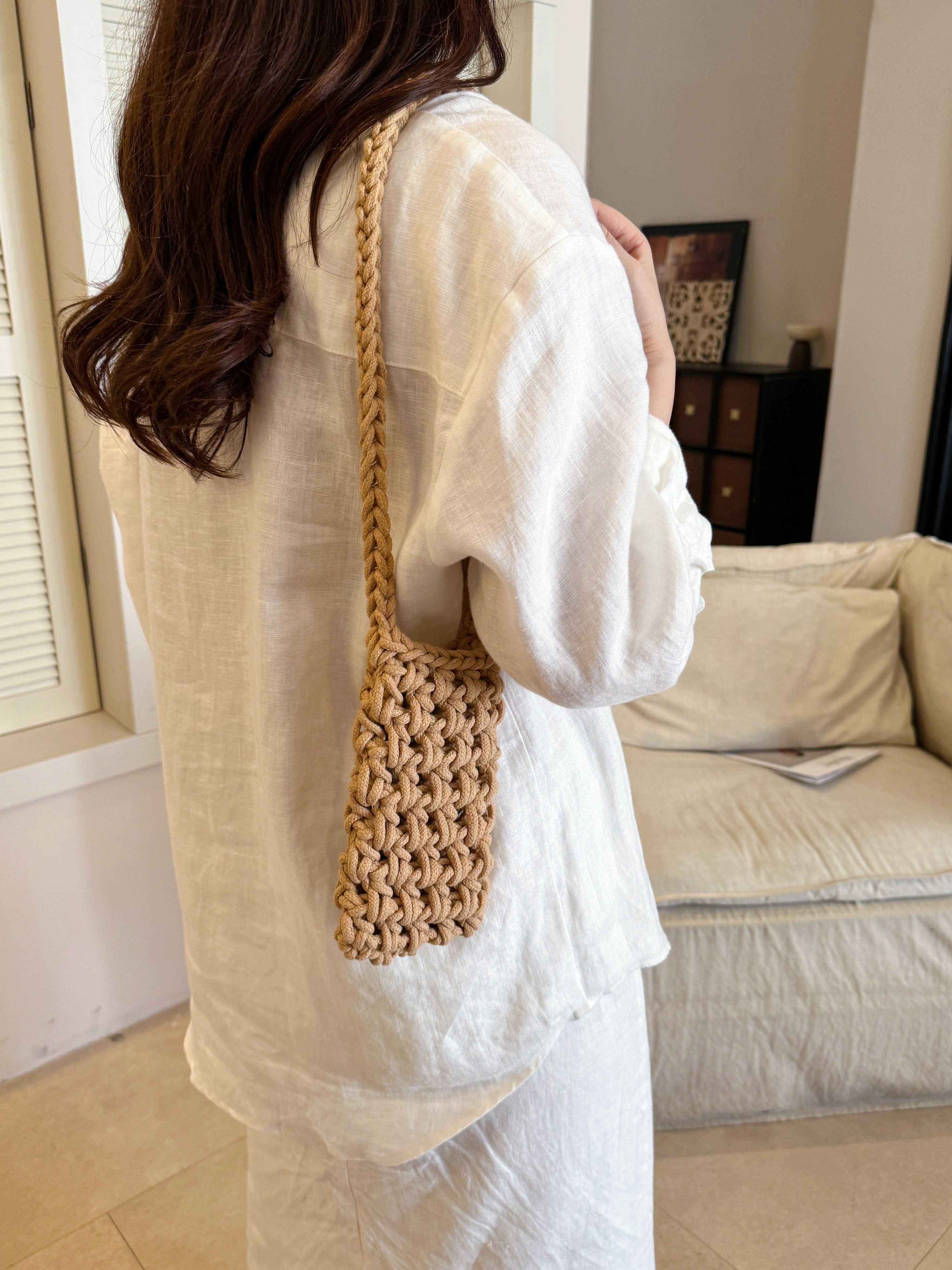 Khaki Woven Sling Crossbody Bag
