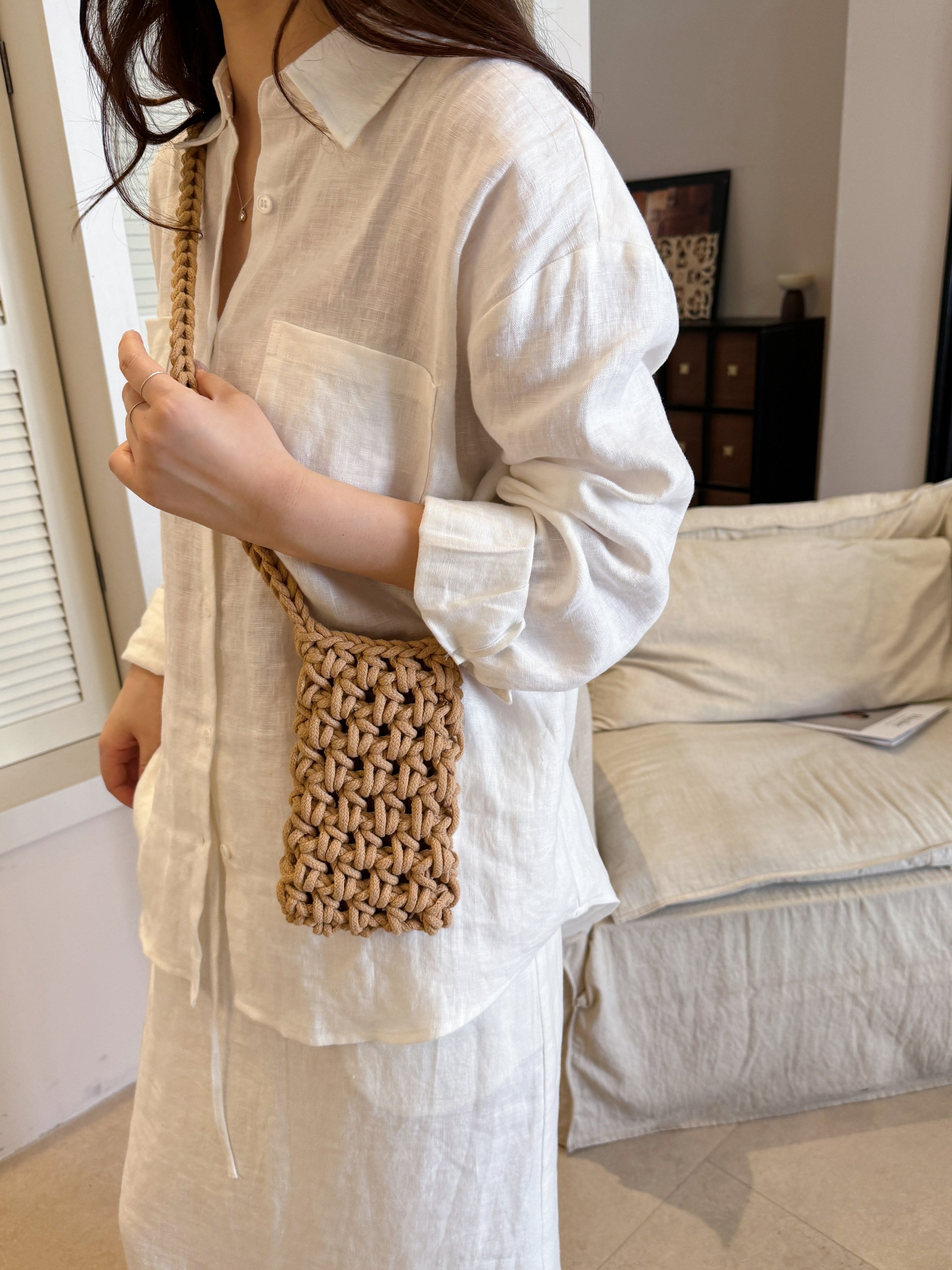 Khaki Woven Sling Crossbody Bag
