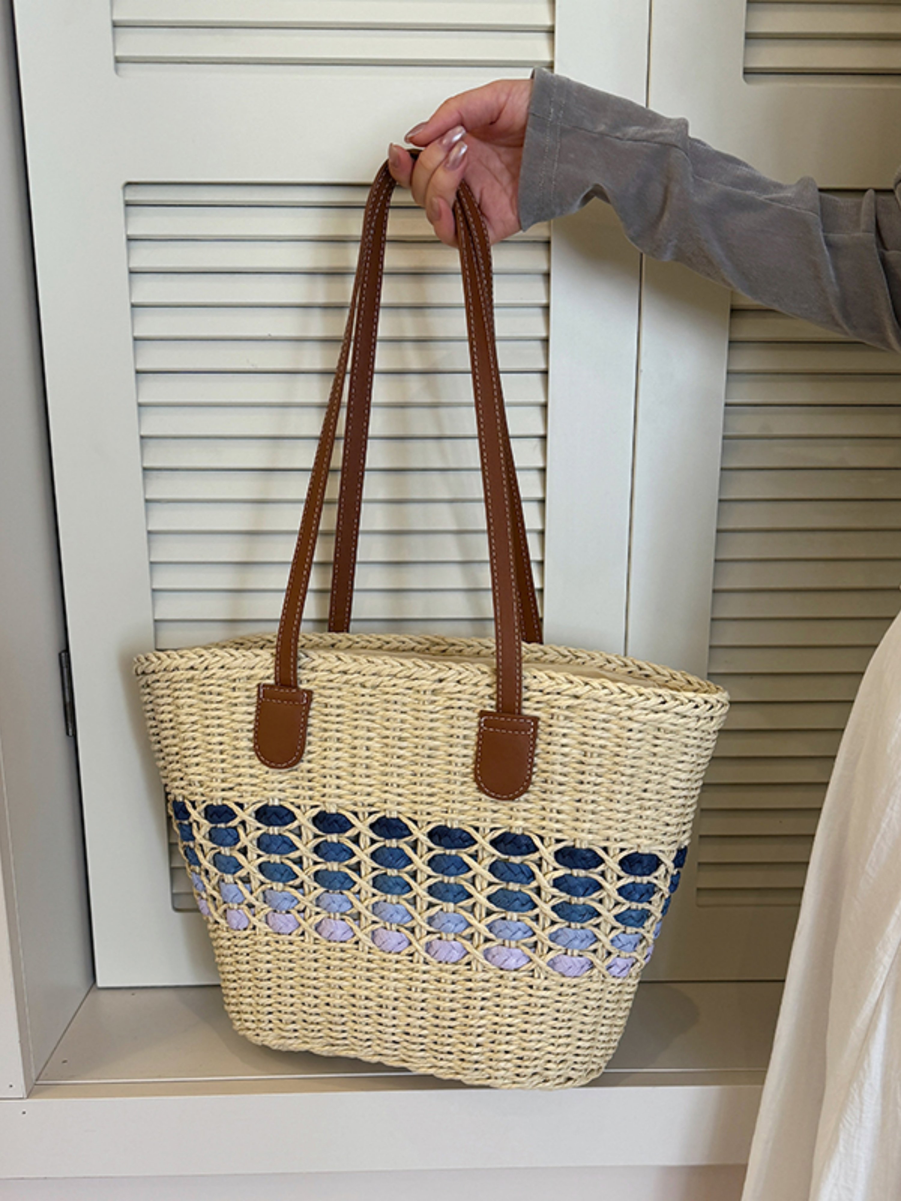 Blue Weave Straw Shoulder Bag