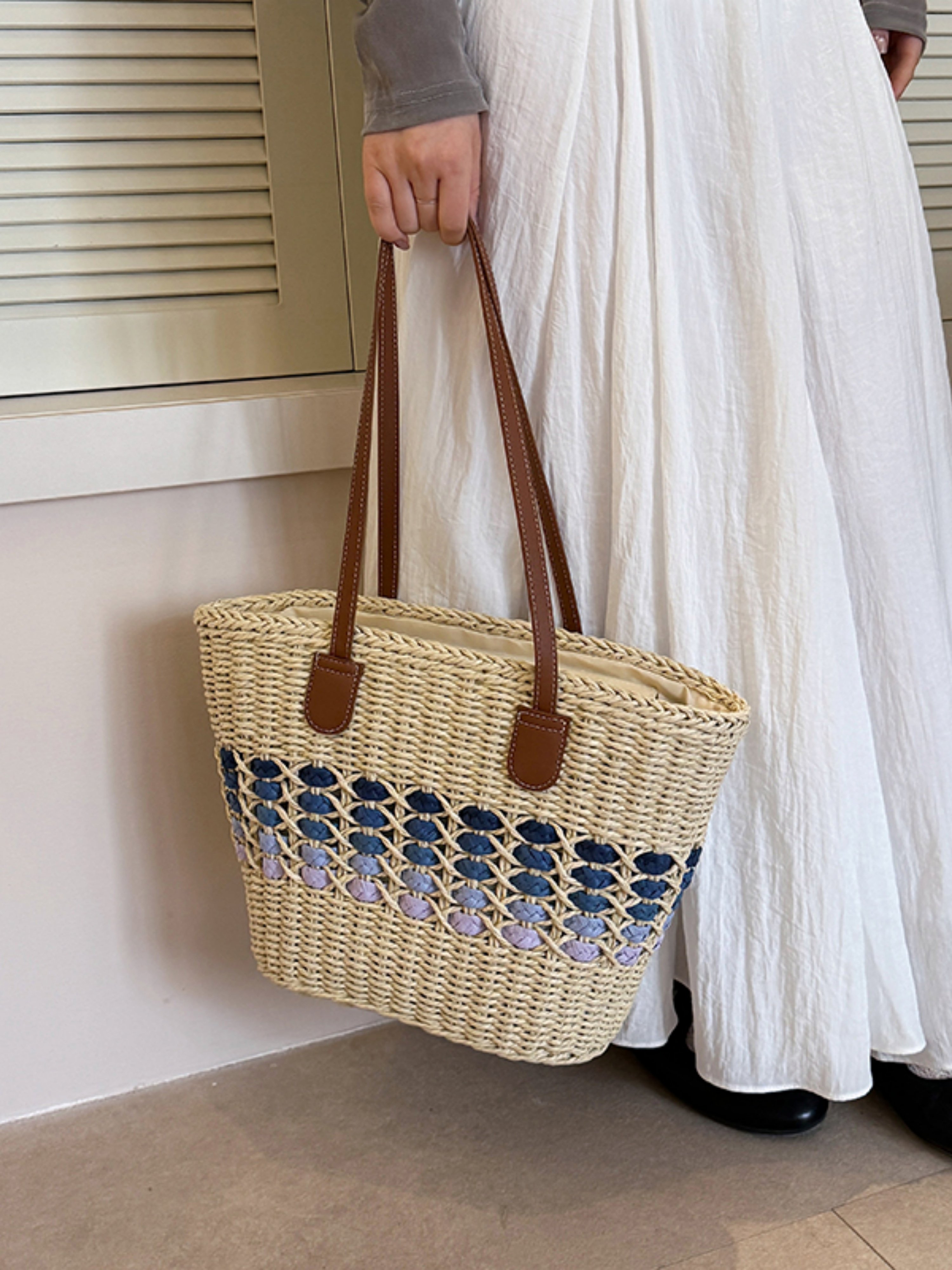 Blue Weave Straw Shoulder Bag