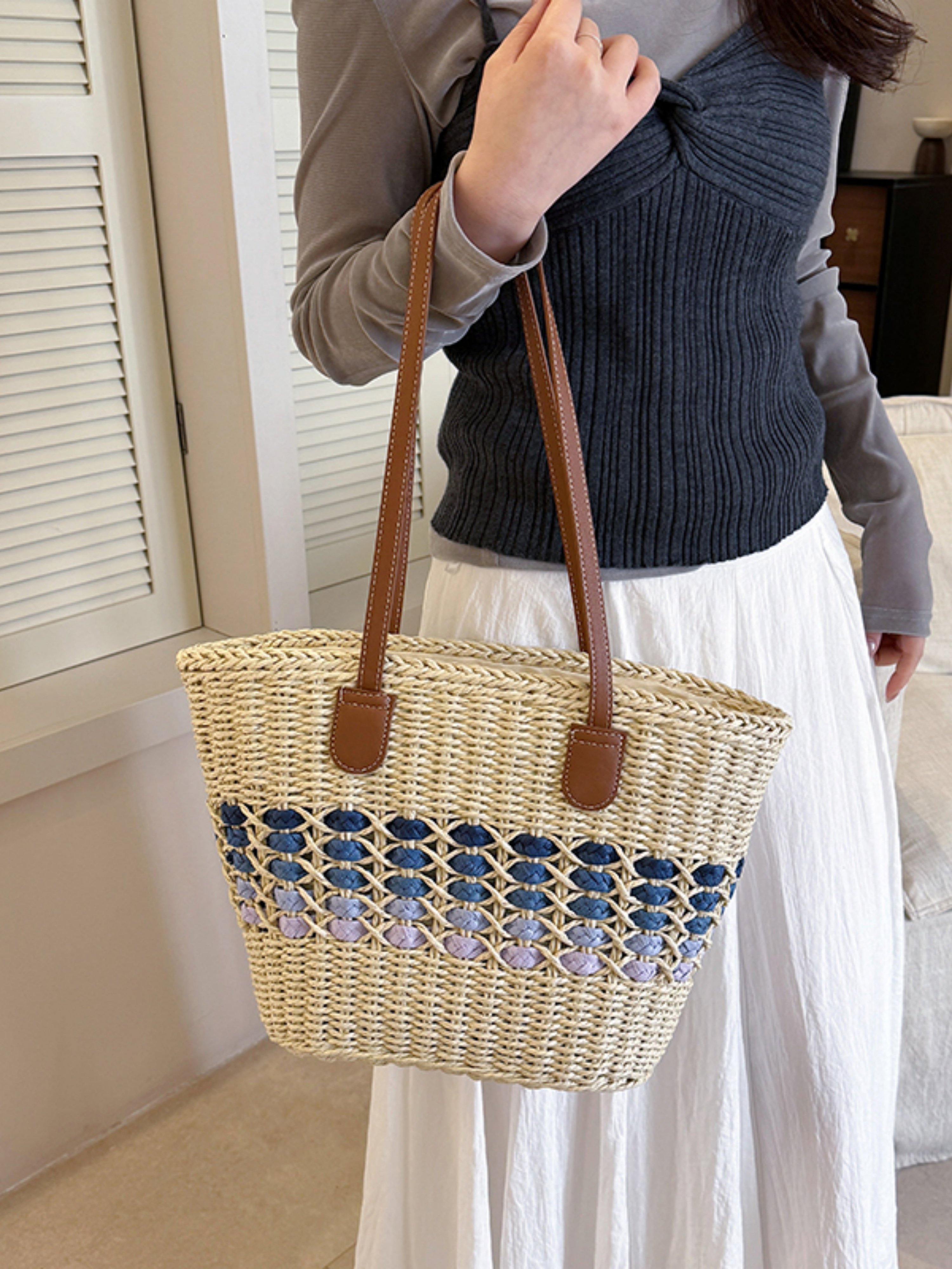 Blue Weave Straw Shoulder Bag