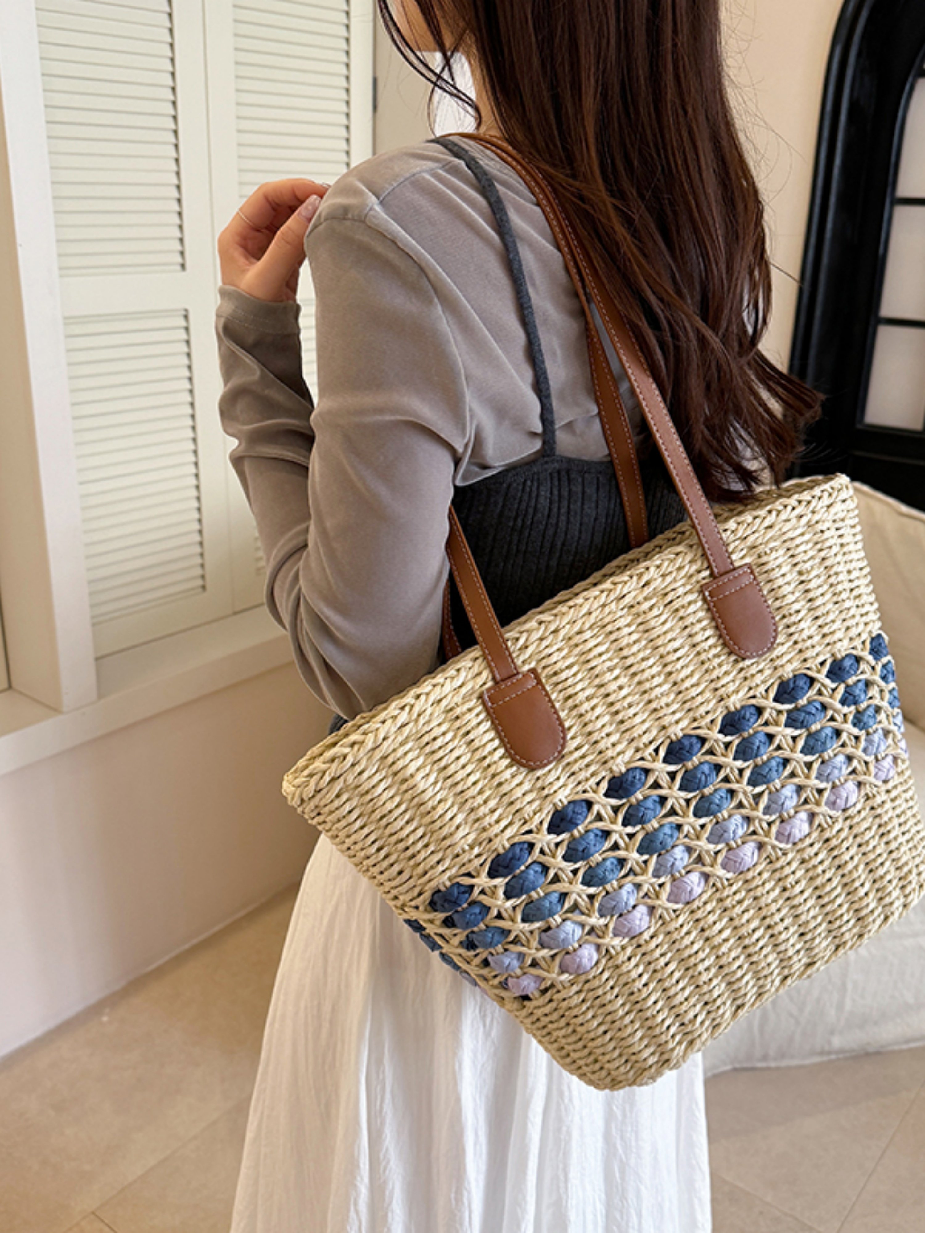 Blue Weave Straw Shoulder Bag