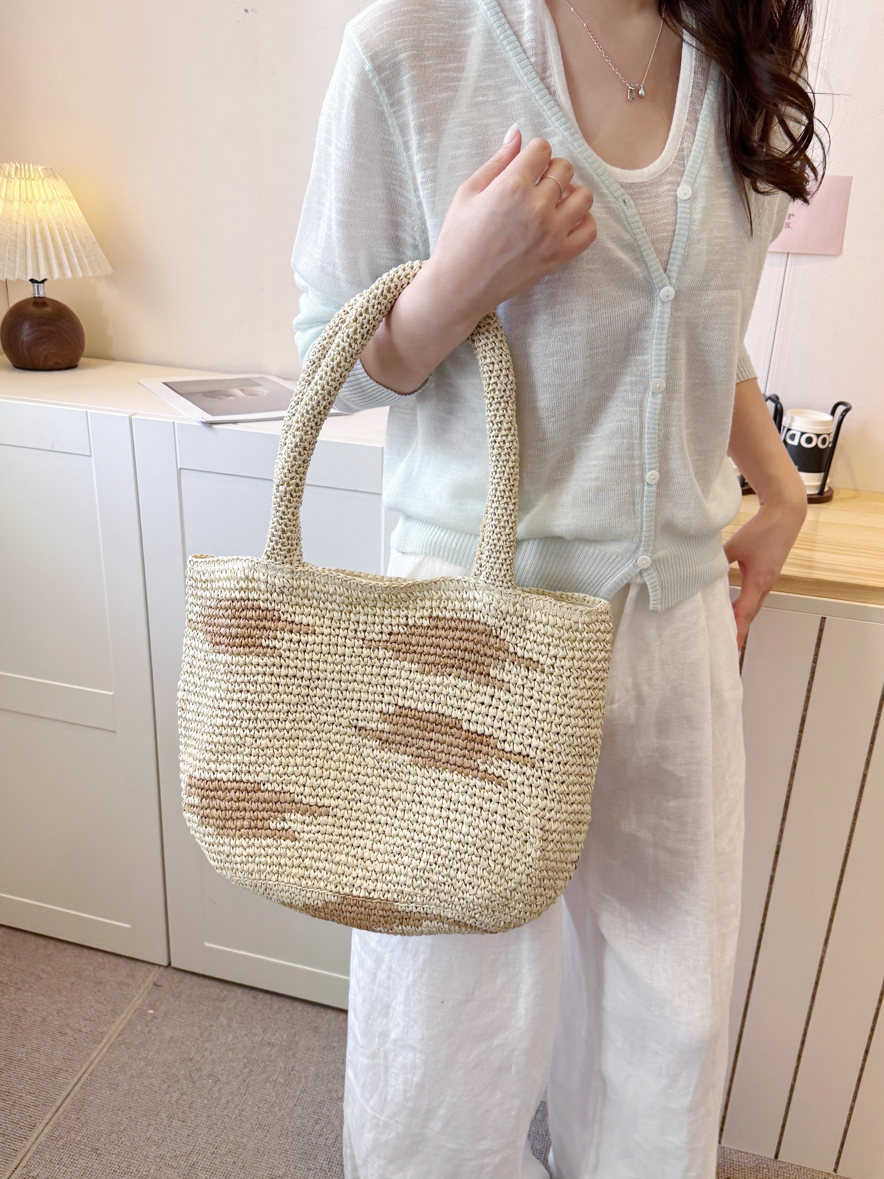 Off-White Woven Straw Shoulder Bag