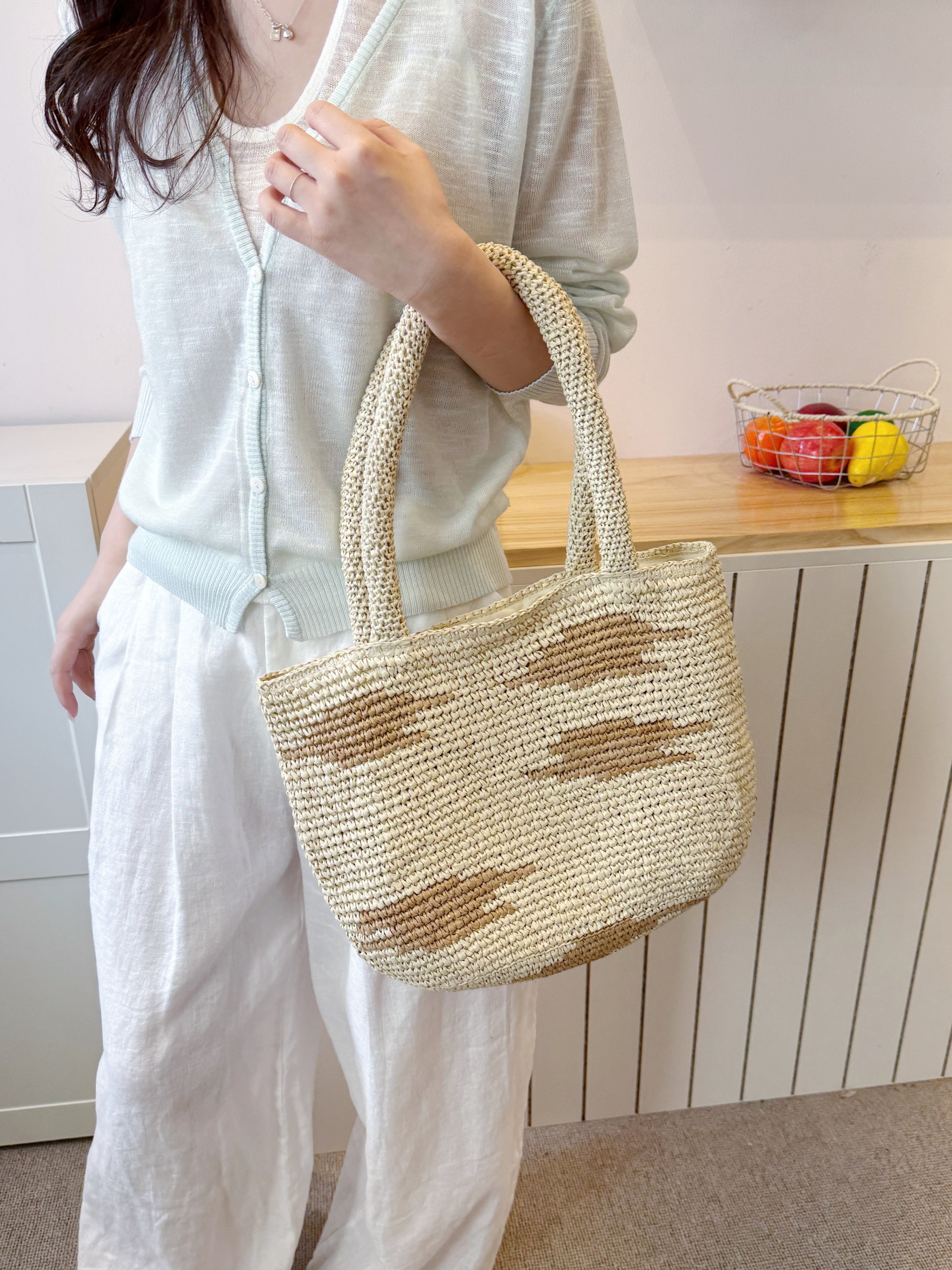 Off-White Woven Straw Shoulder Bag