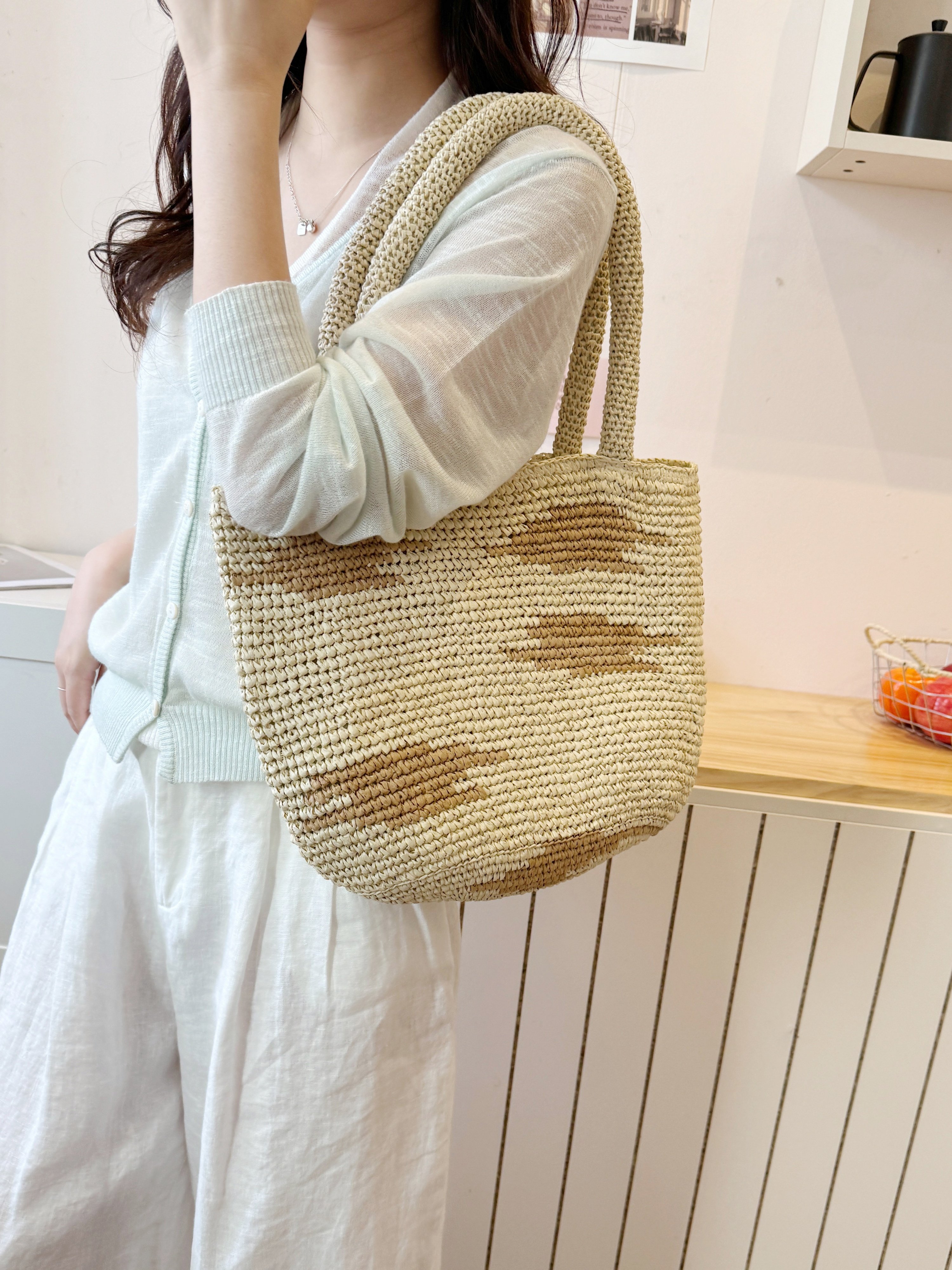 Off-White Woven Straw Shoulder Bag