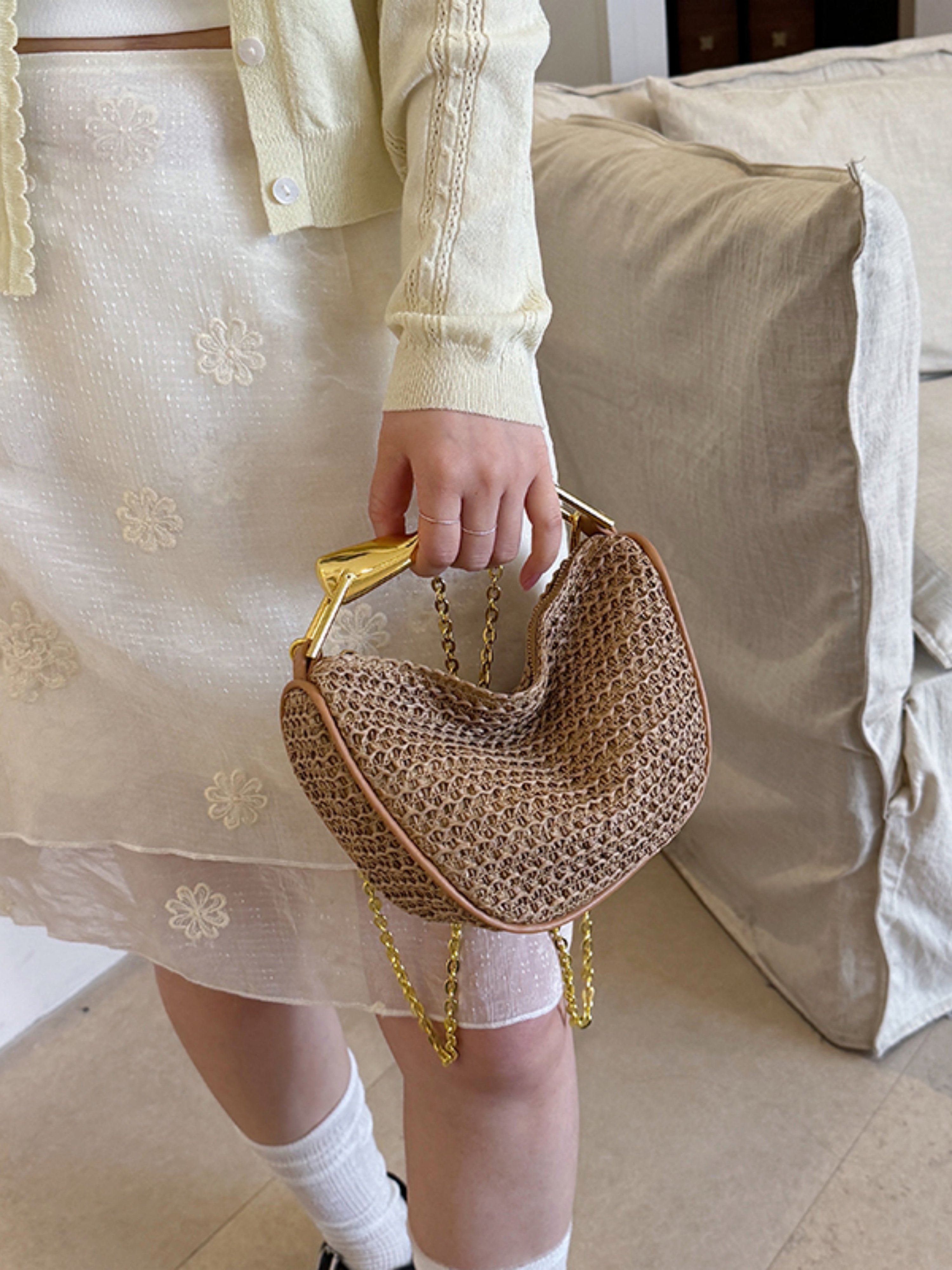 Khaki Woven Shoulder Bag with Gold Chain Detail
