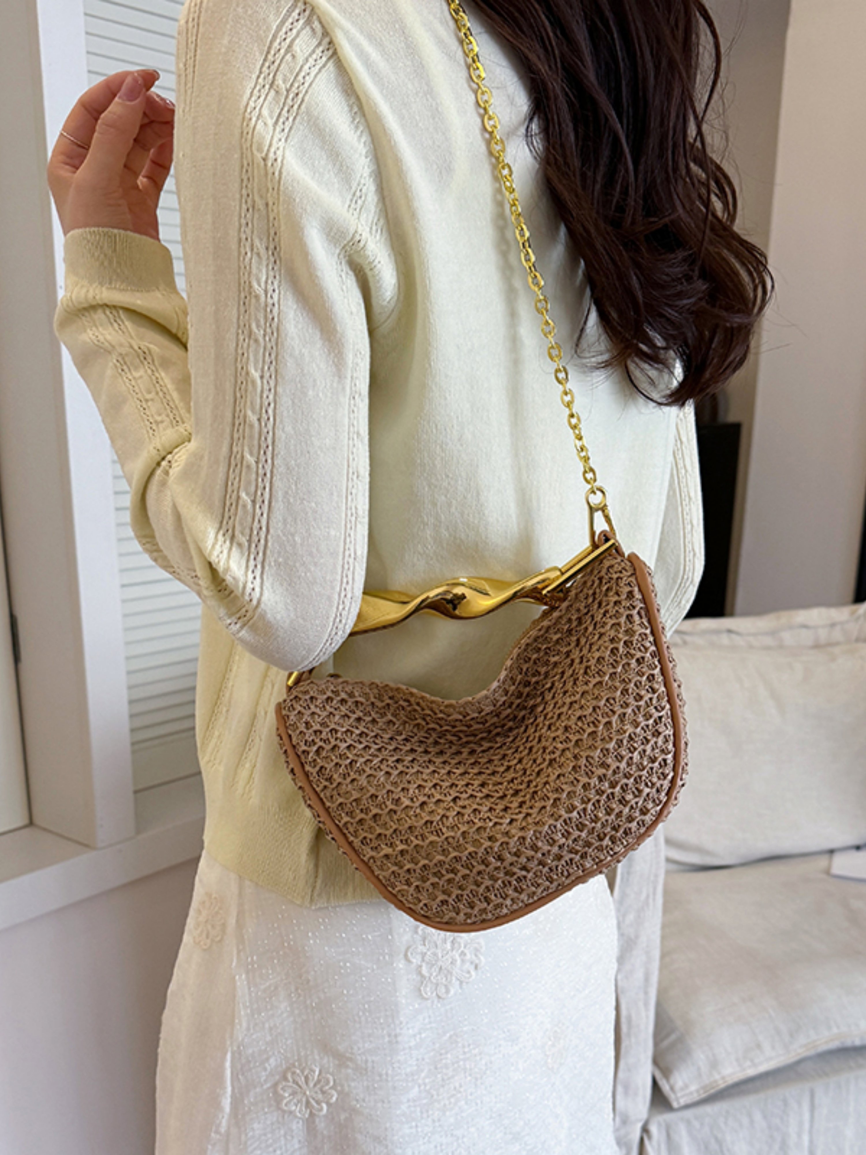 Khaki Woven Shoulder Bag with Gold Chain Detail
