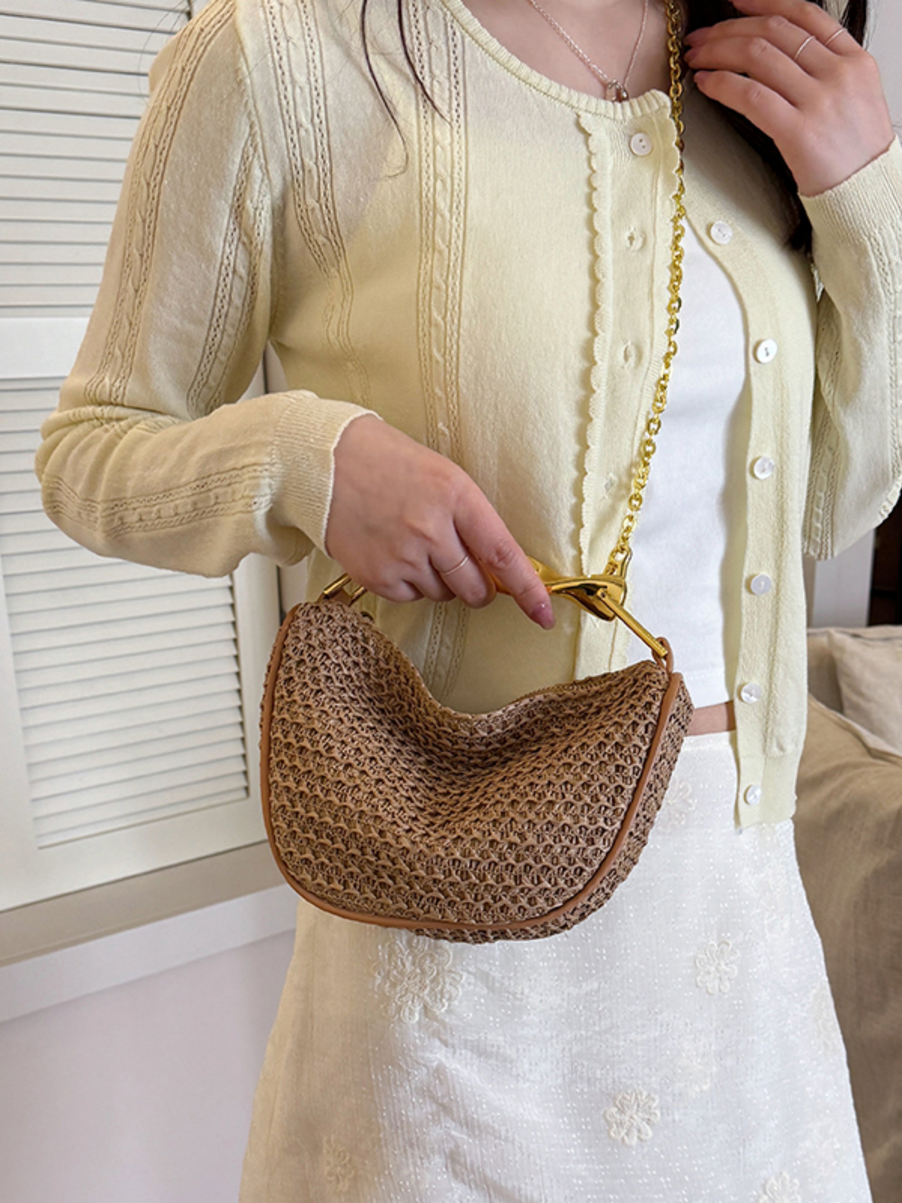 Khaki Woven Shoulder Bag with Gold Chain Detail
