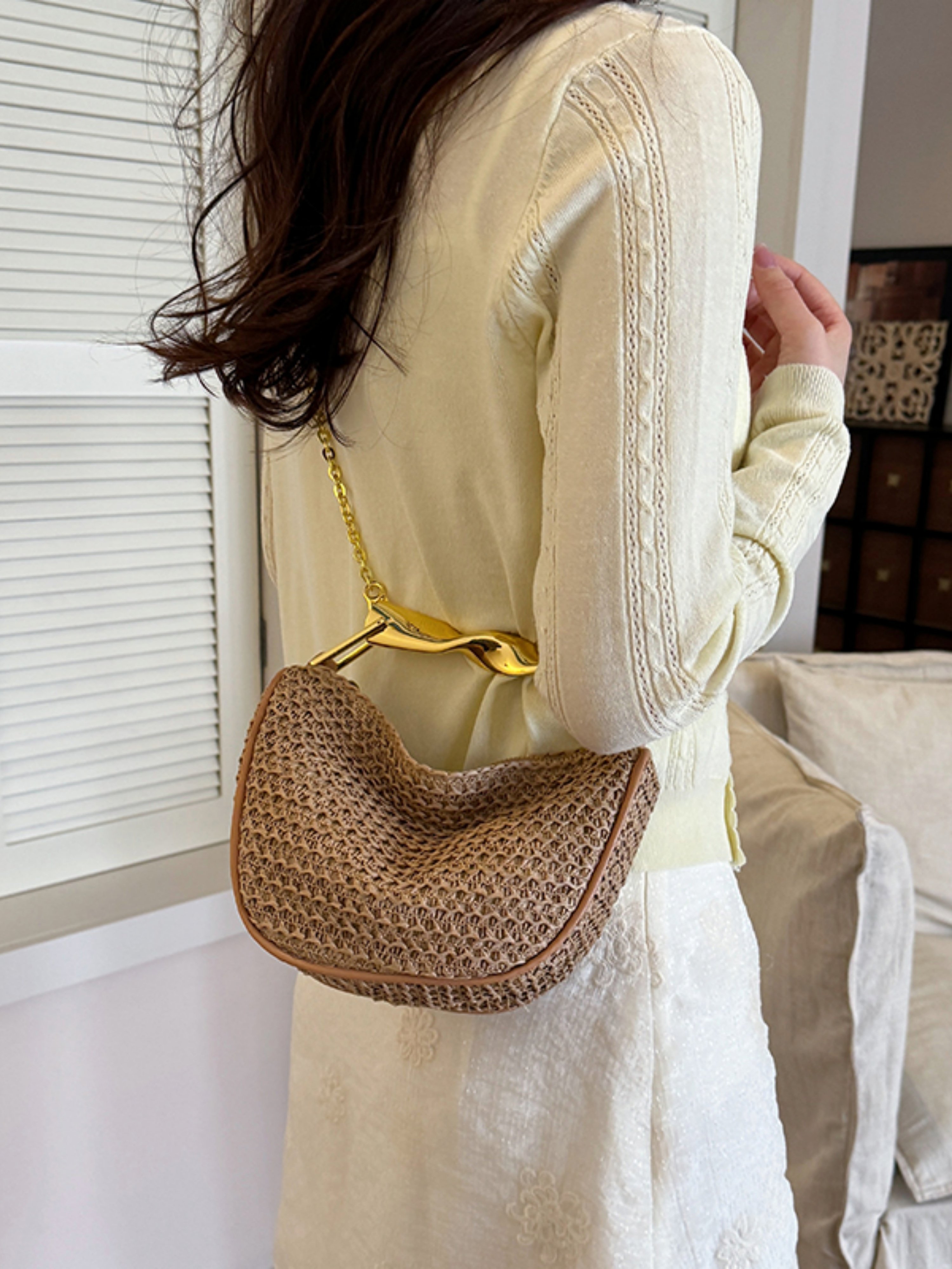 Khaki Woven Shoulder Bag with Gold Chain Detail