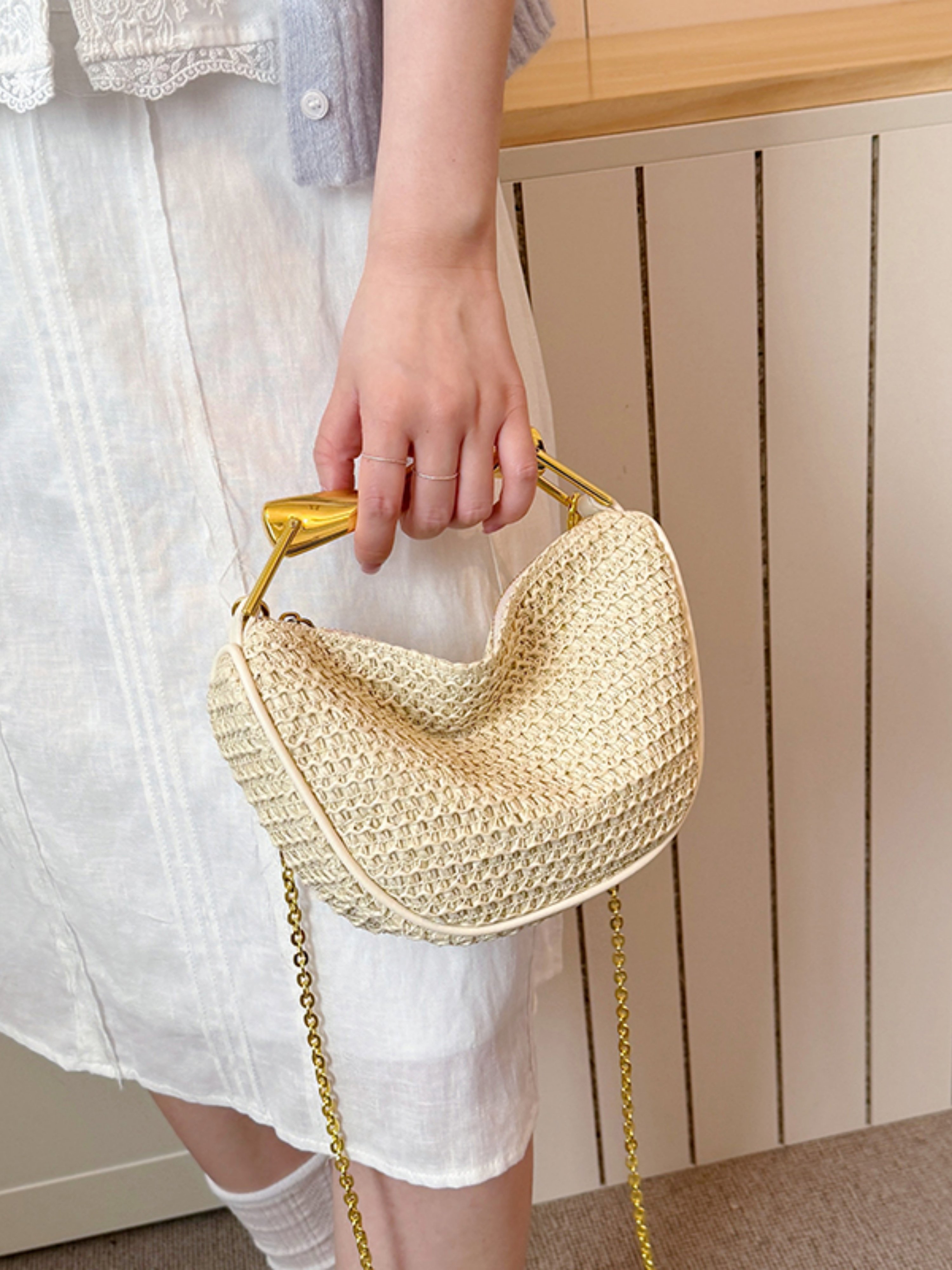 White Woven Crossbody Bag with Gold Chain