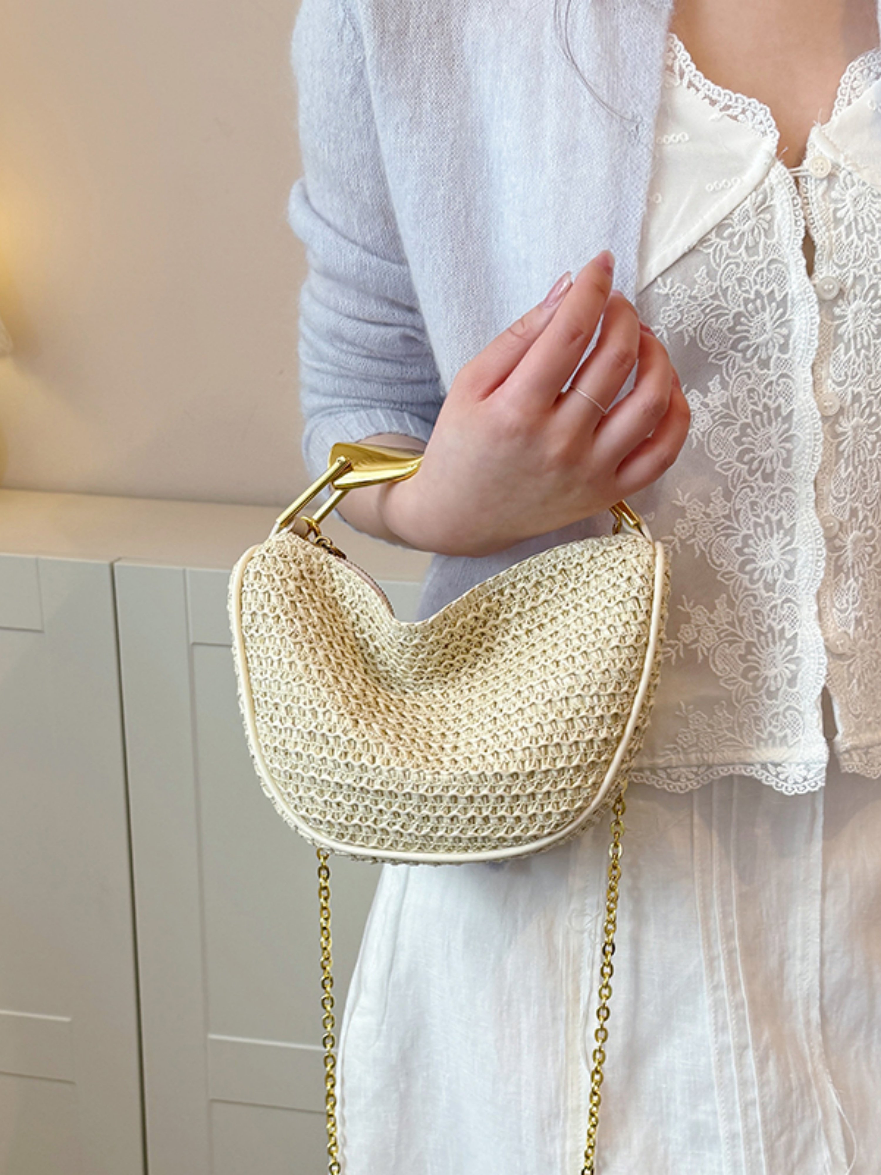 White Woven Crossbody Bag with Gold Chain