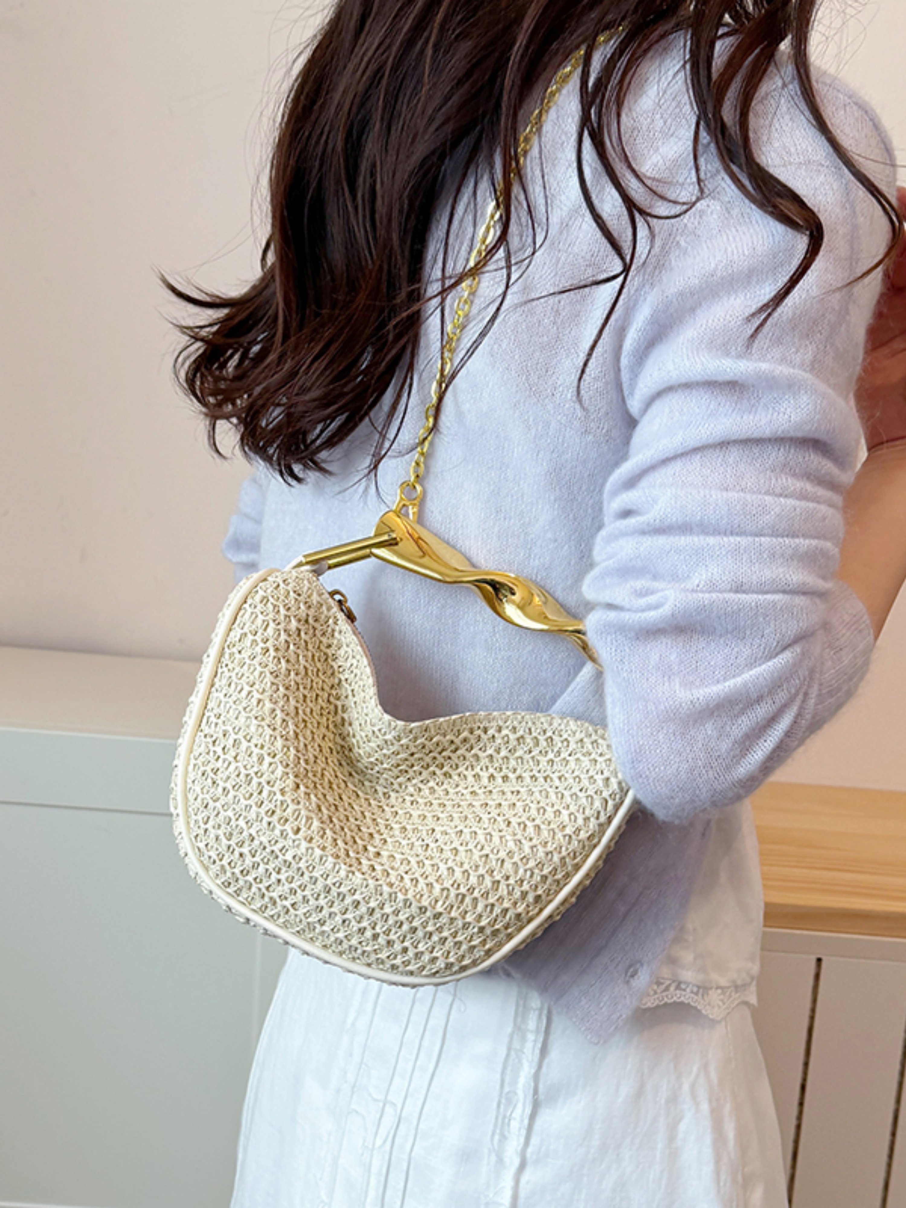 White Woven Crossbody Bag with Gold Chain