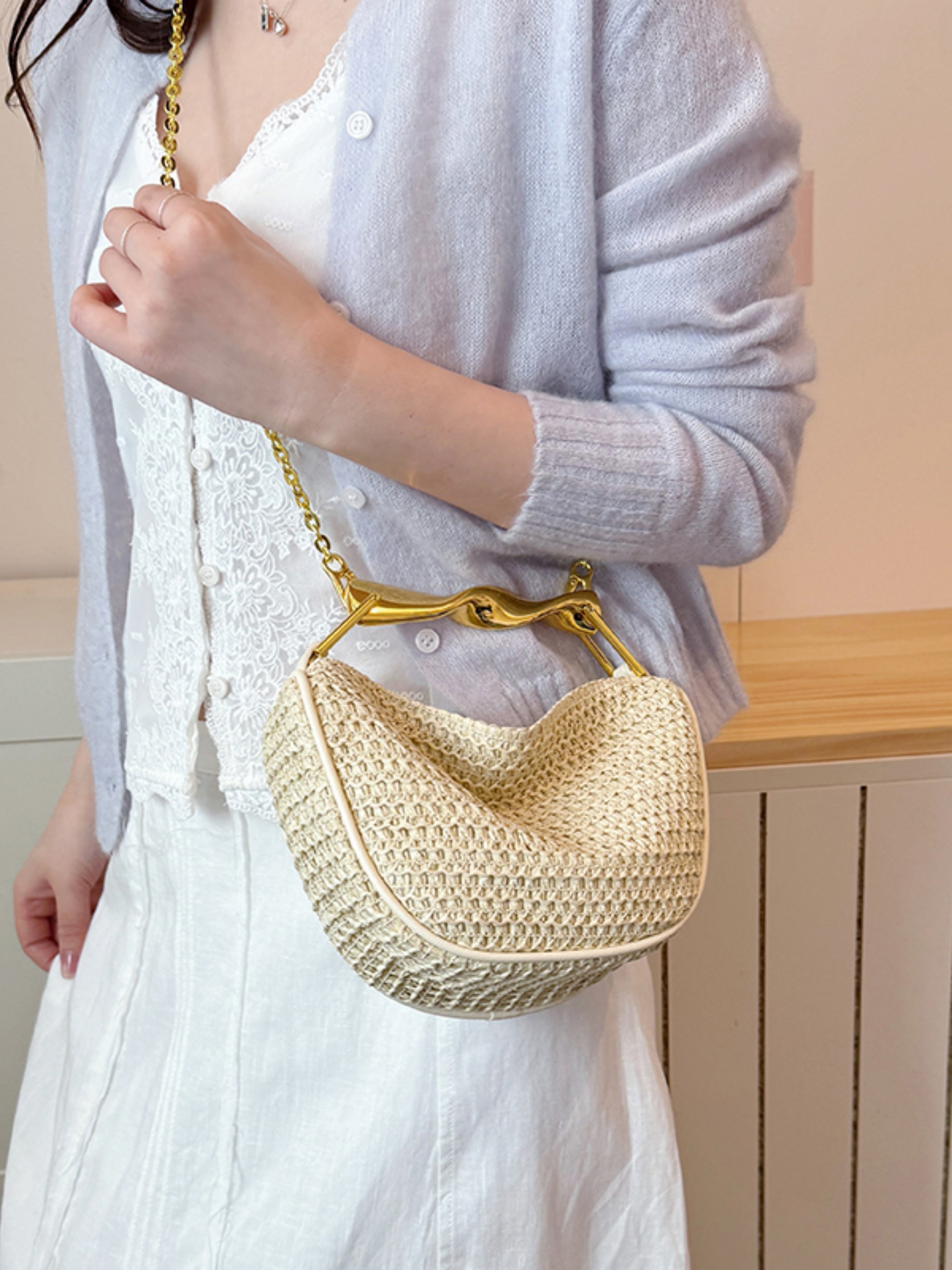 White Woven Crossbody Bag with Gold Chain