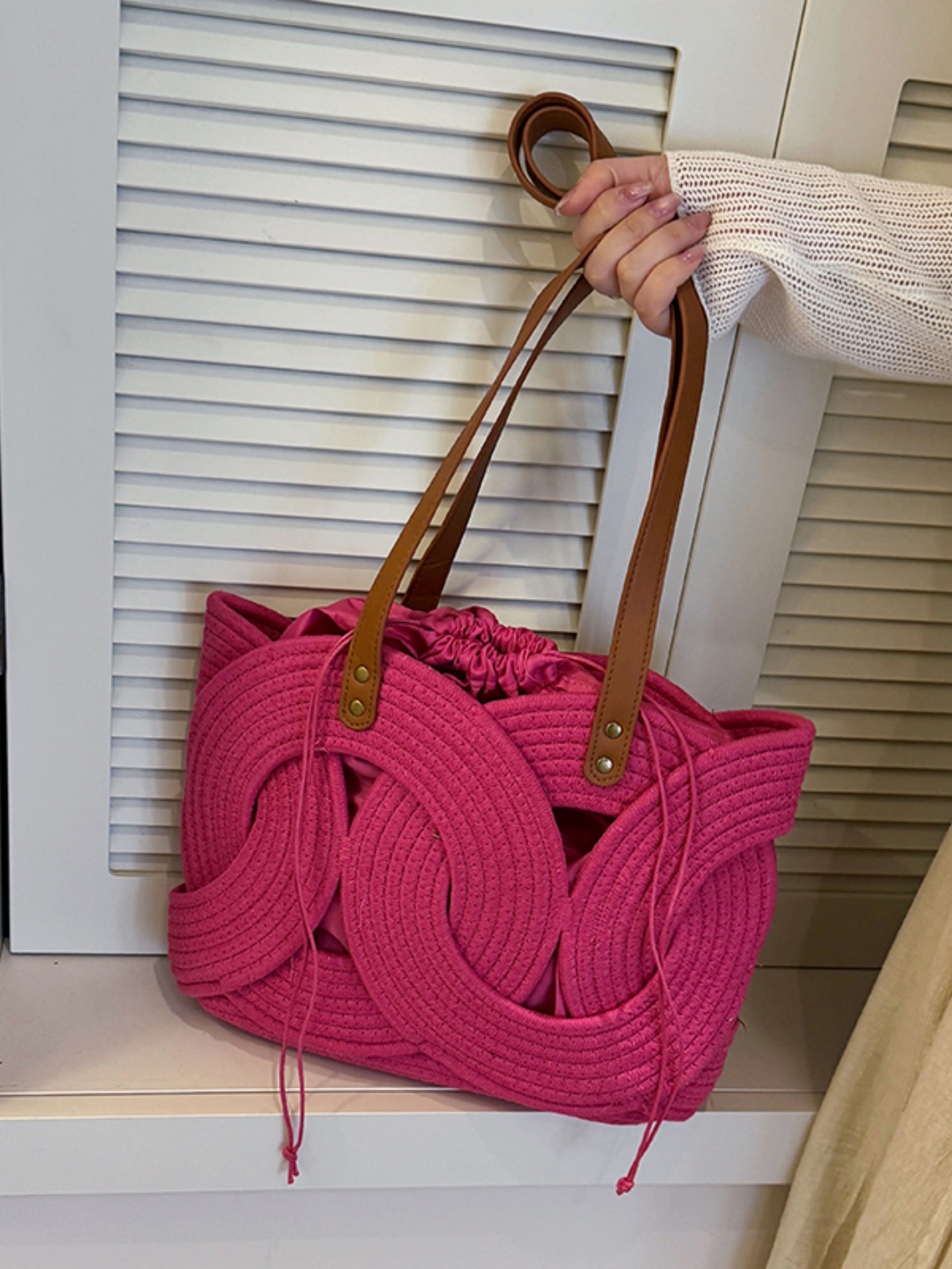 Red Woven Shoulder Bag with Faux Leather Straps