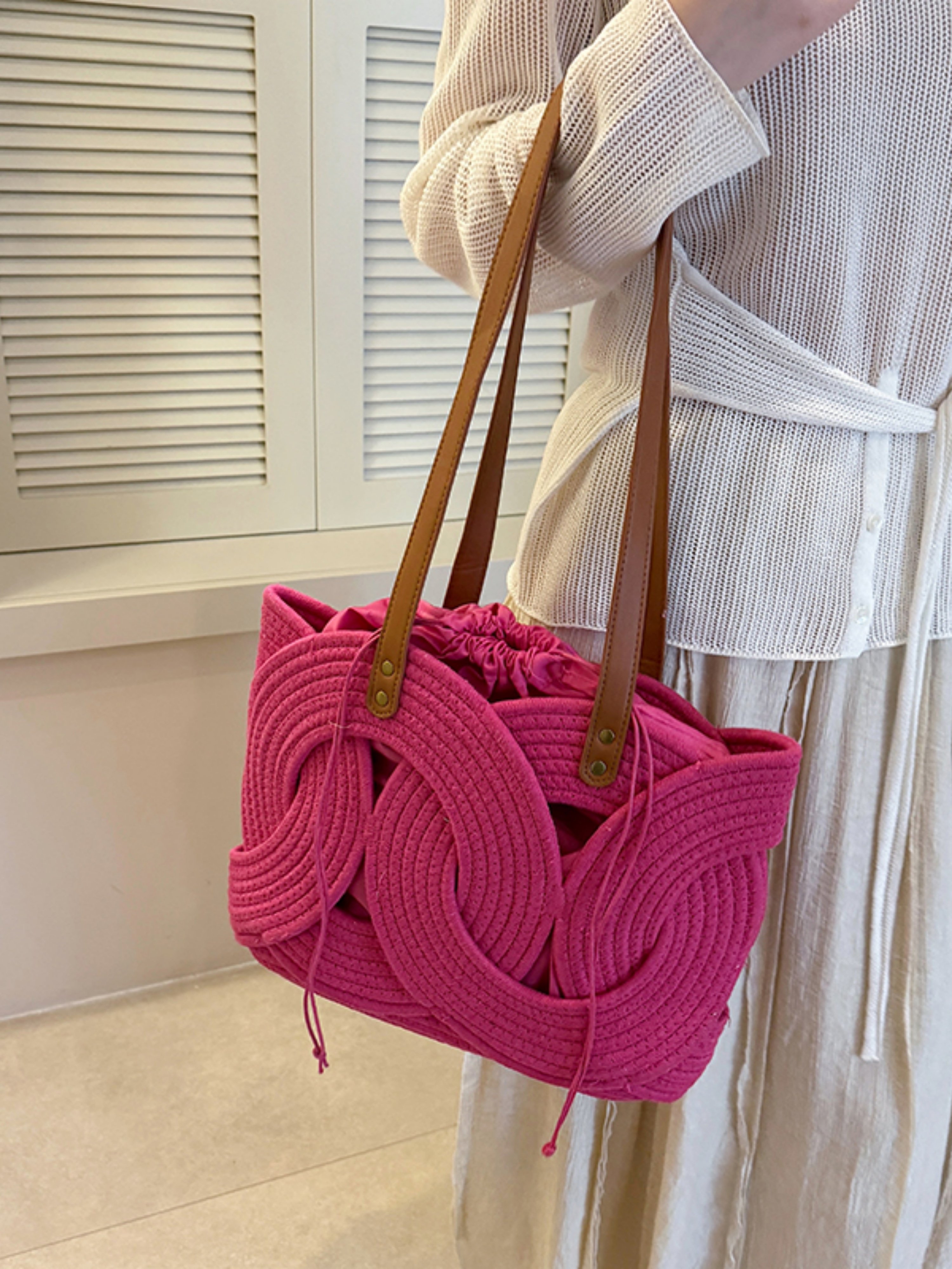 Red Woven Shoulder Bag with Faux Leather Straps
