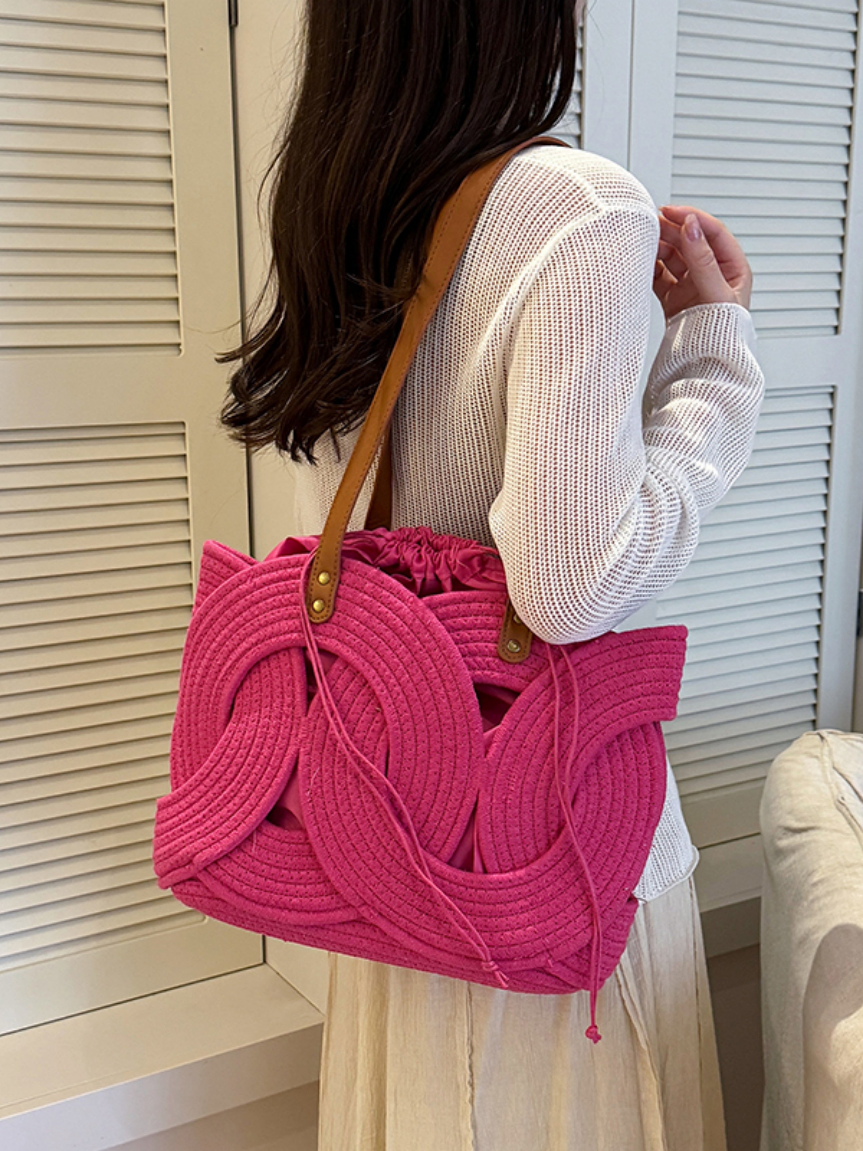 Red Woven Shoulder Bag with Faux Leather Straps