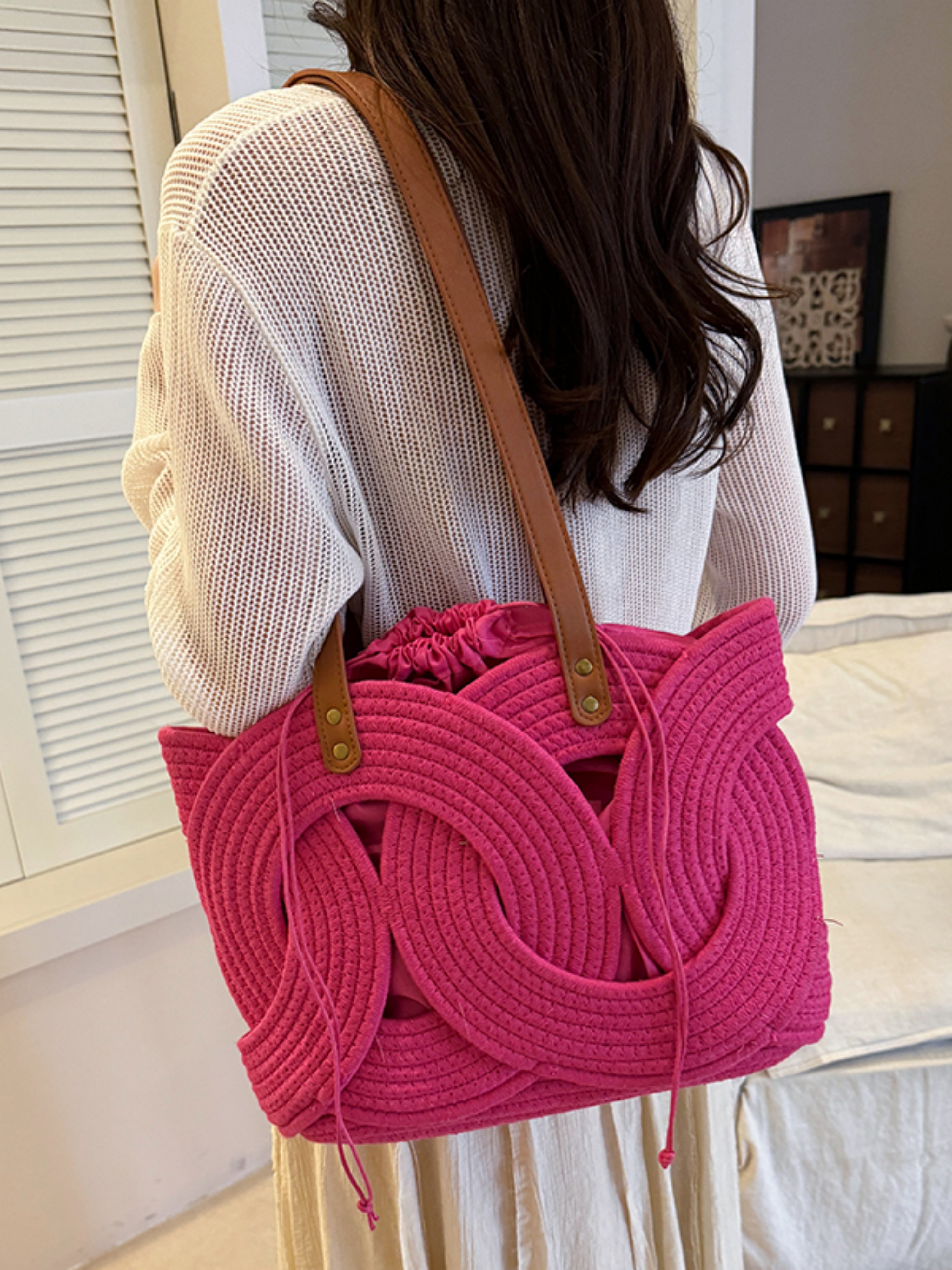 Red Woven Shoulder Bag with Faux Leather Straps