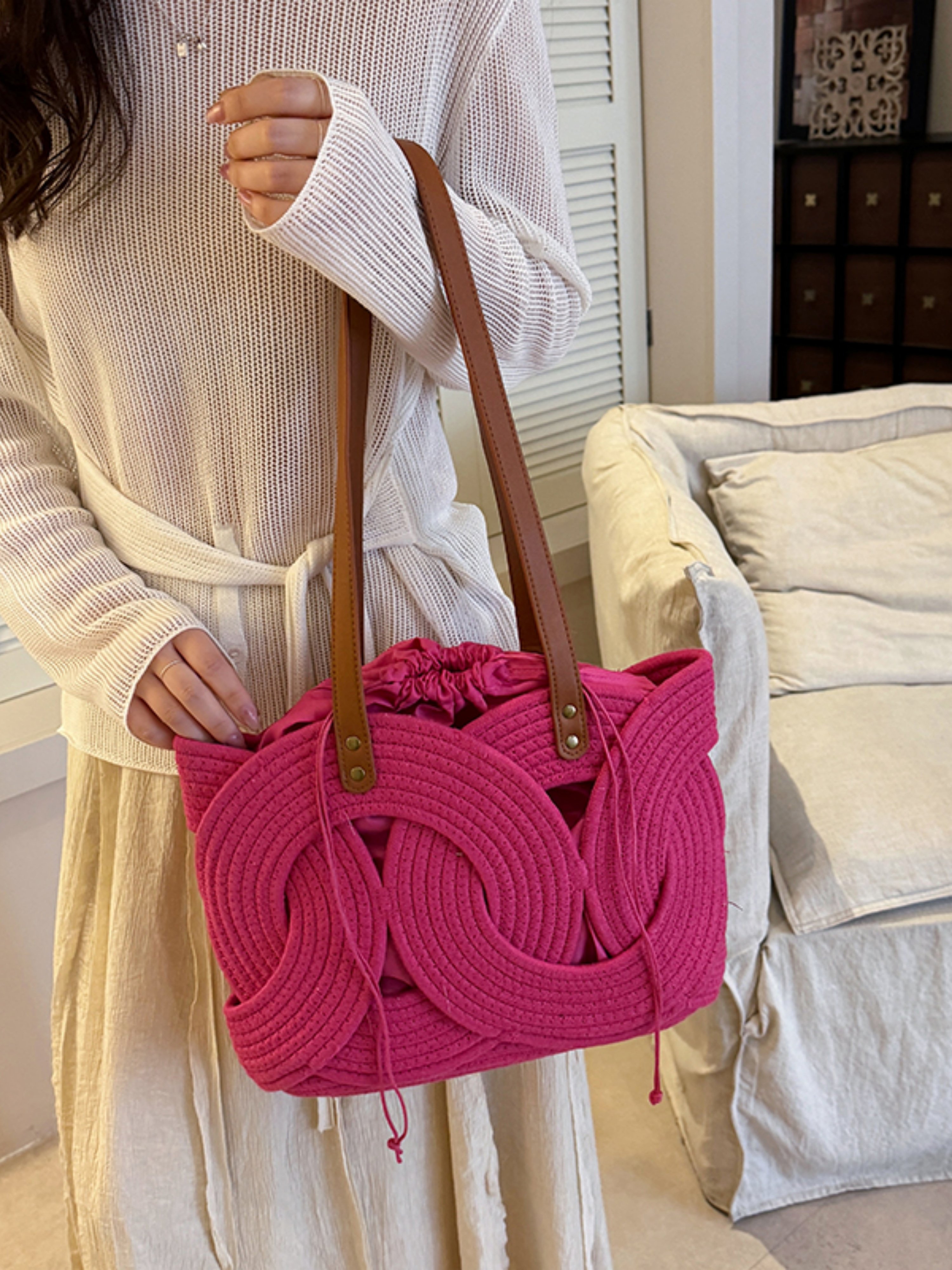 Red Woven Shoulder Bag with Faux Leather Straps