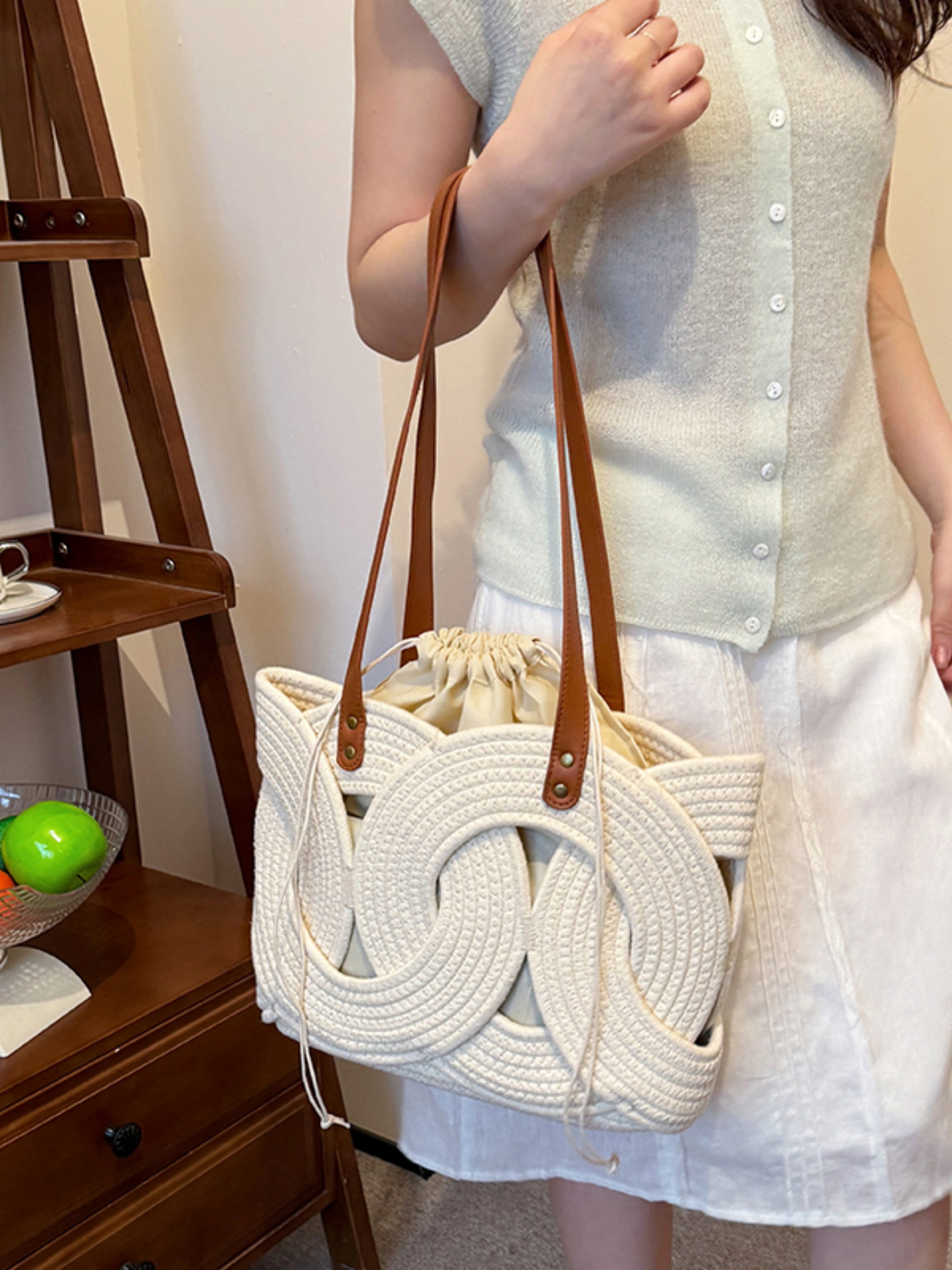 Off-White Woven Rope Shoulder Bag with Drawstring Pouch