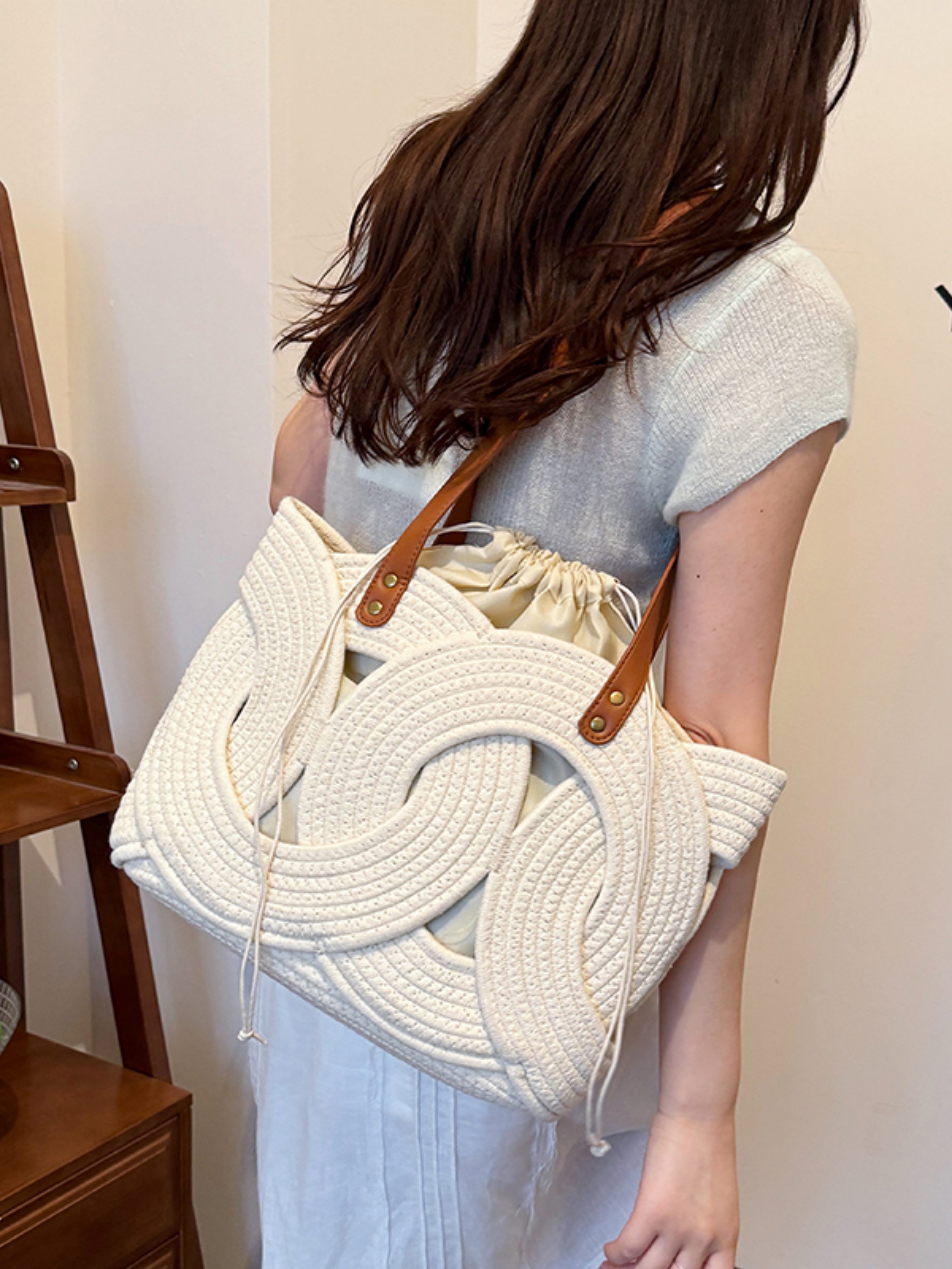 Off-White Woven Rope Shoulder Bag with Drawstring Pouch