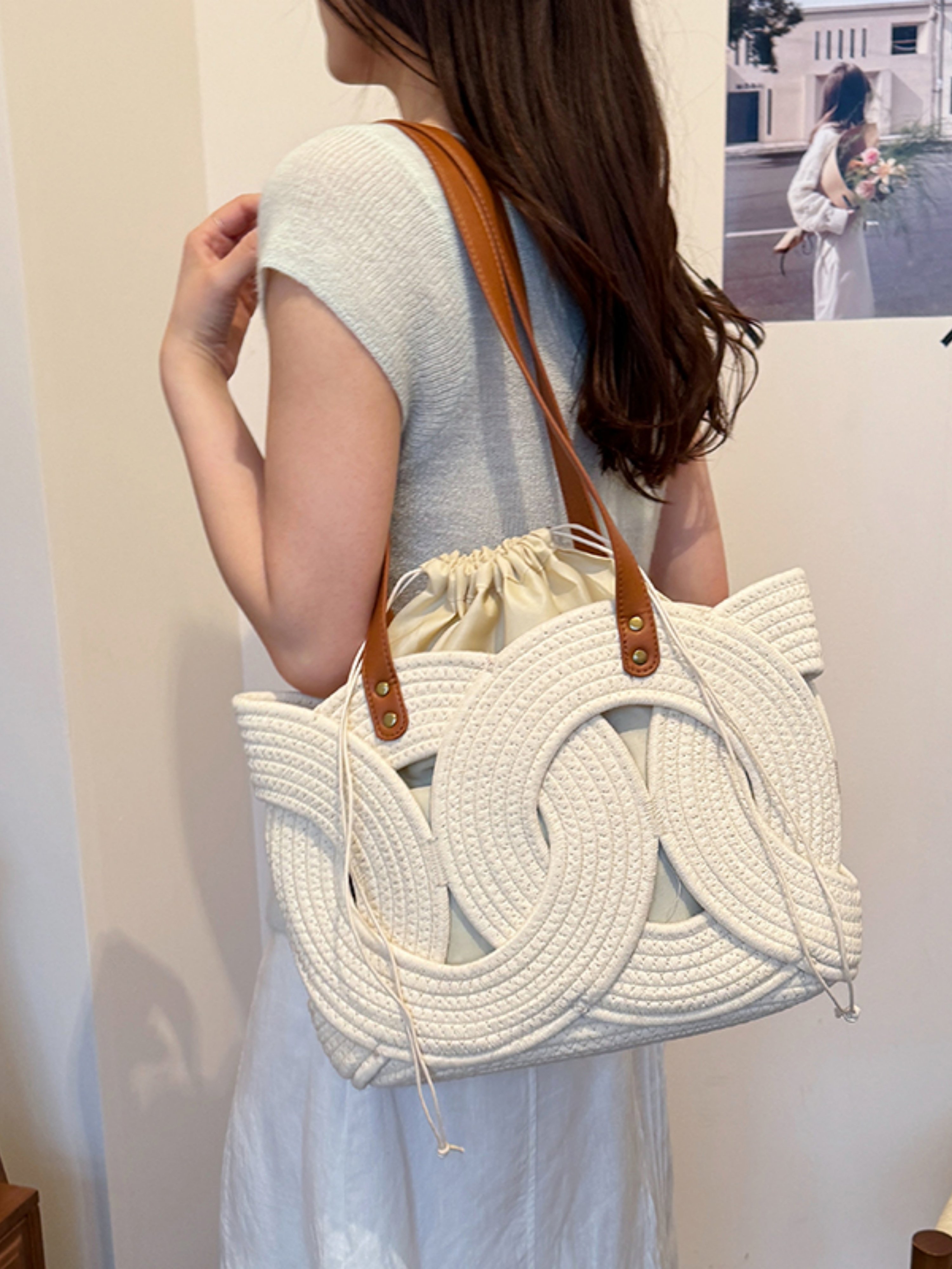 Off-White Woven Rope Shoulder Bag with Drawstring Pouch