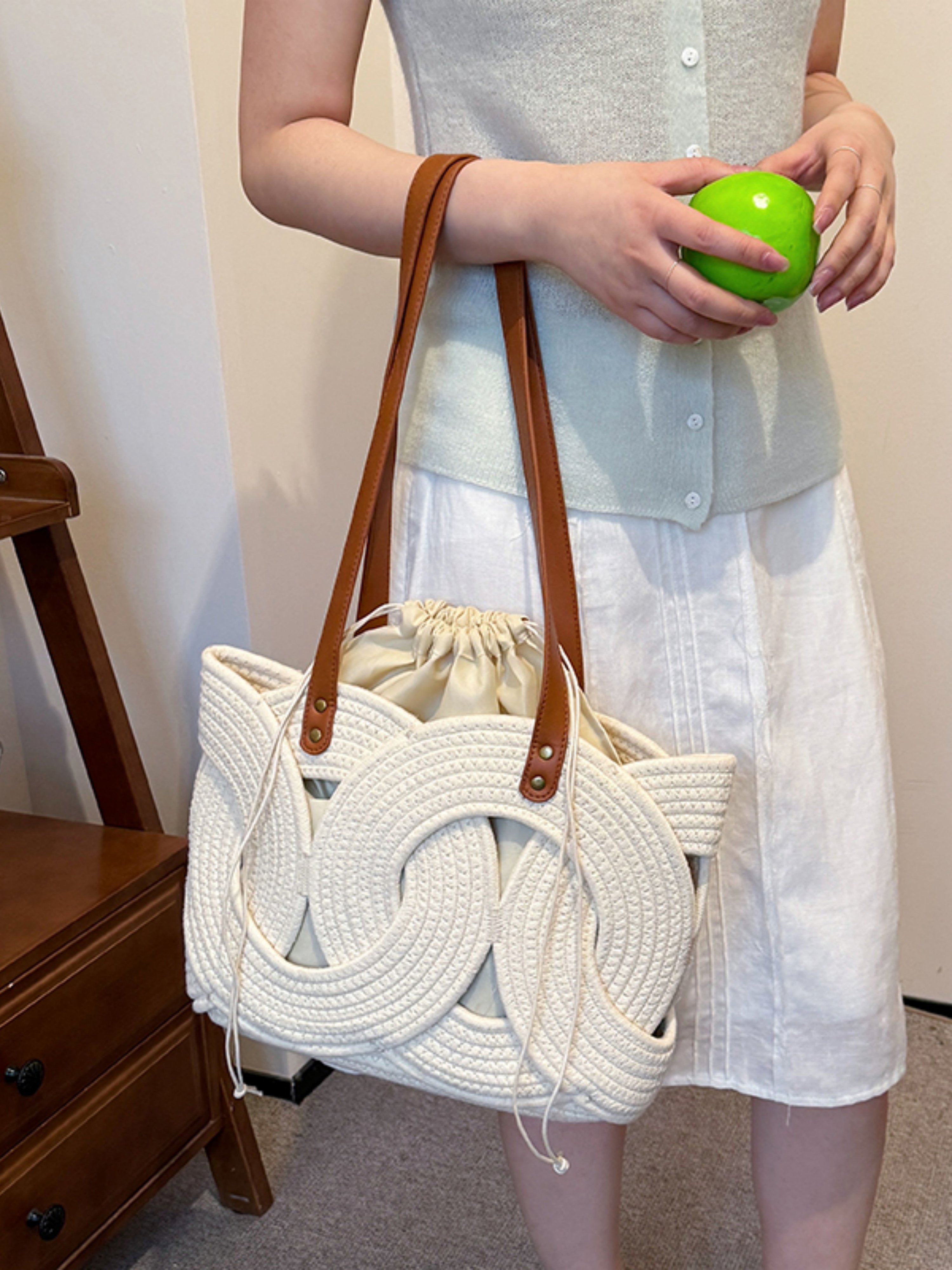 Off-White Woven Rope Shoulder Bag with Drawstring Pouch