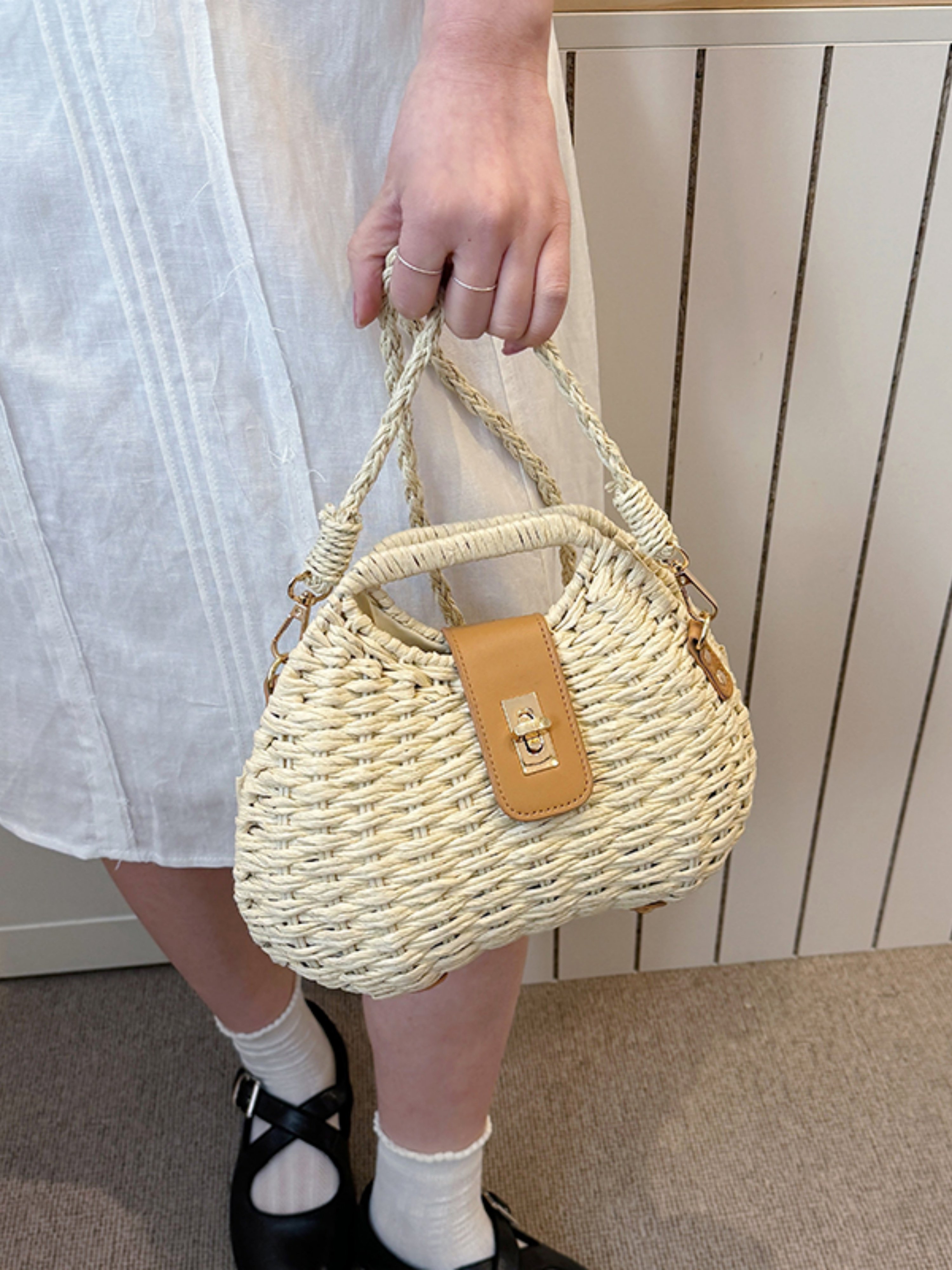 Off-White Woven Straw Shoulder Bag