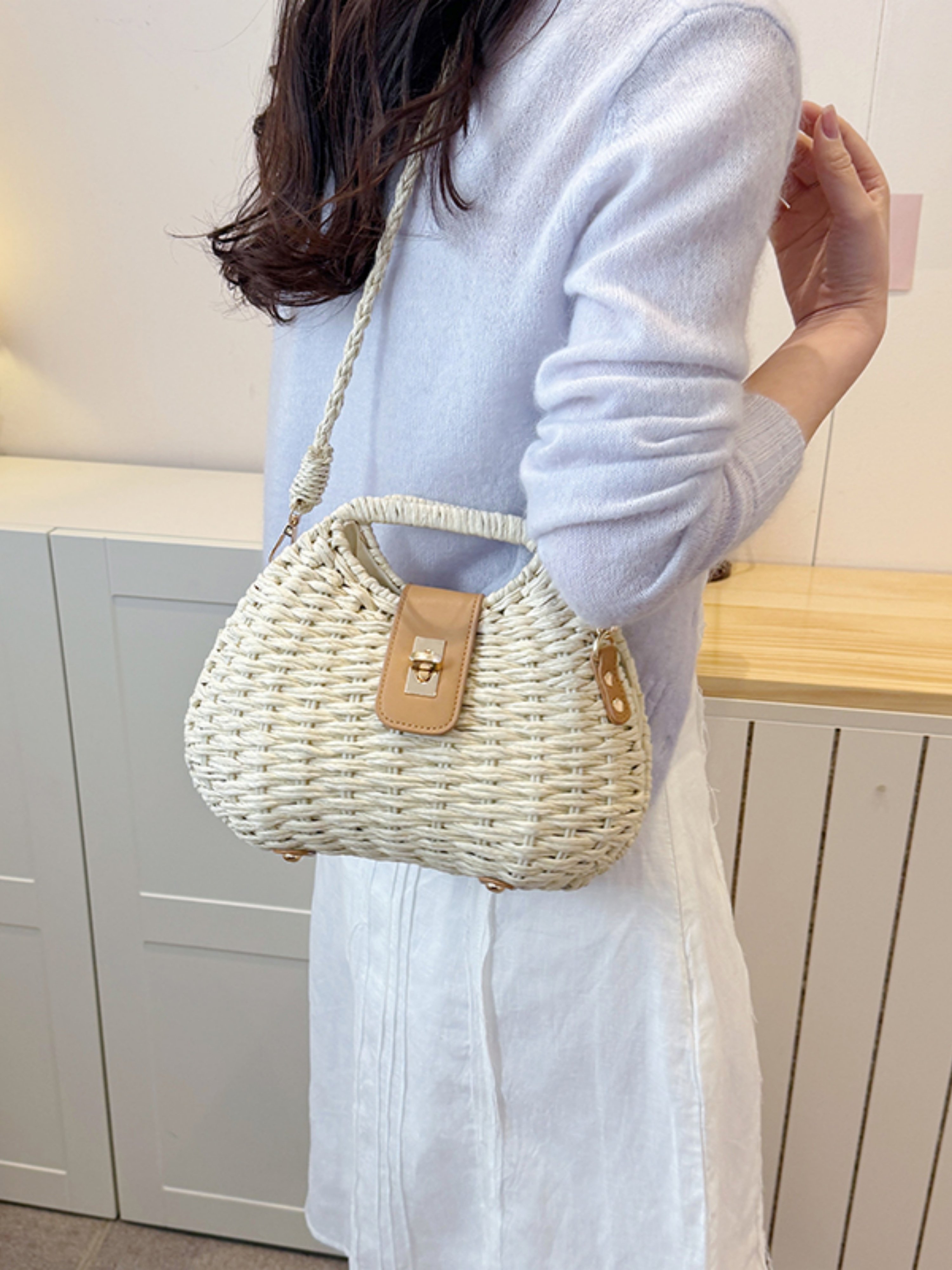 Off-White Woven Straw Shoulder Bag