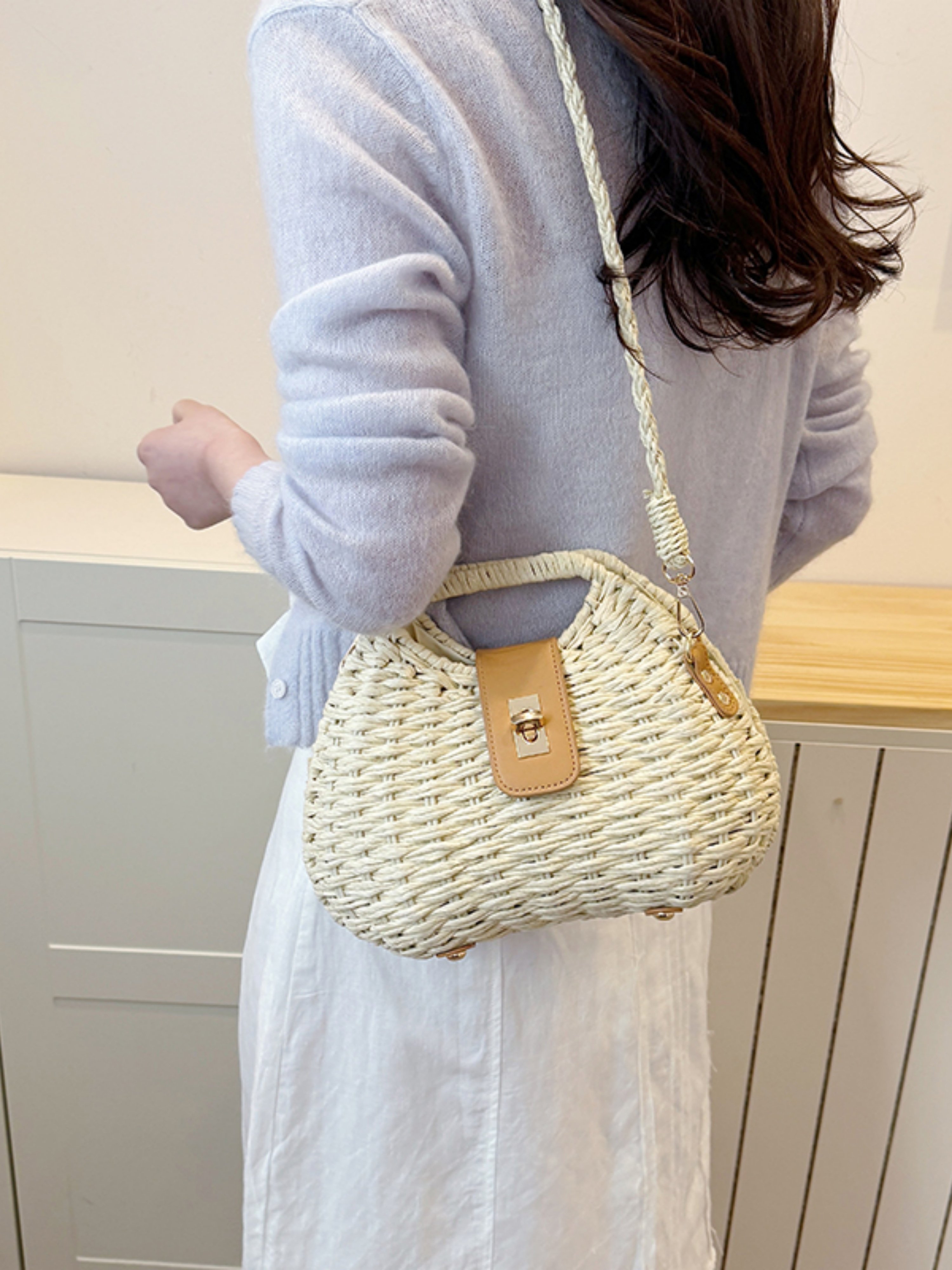 Off-White Woven Straw Shoulder Bag