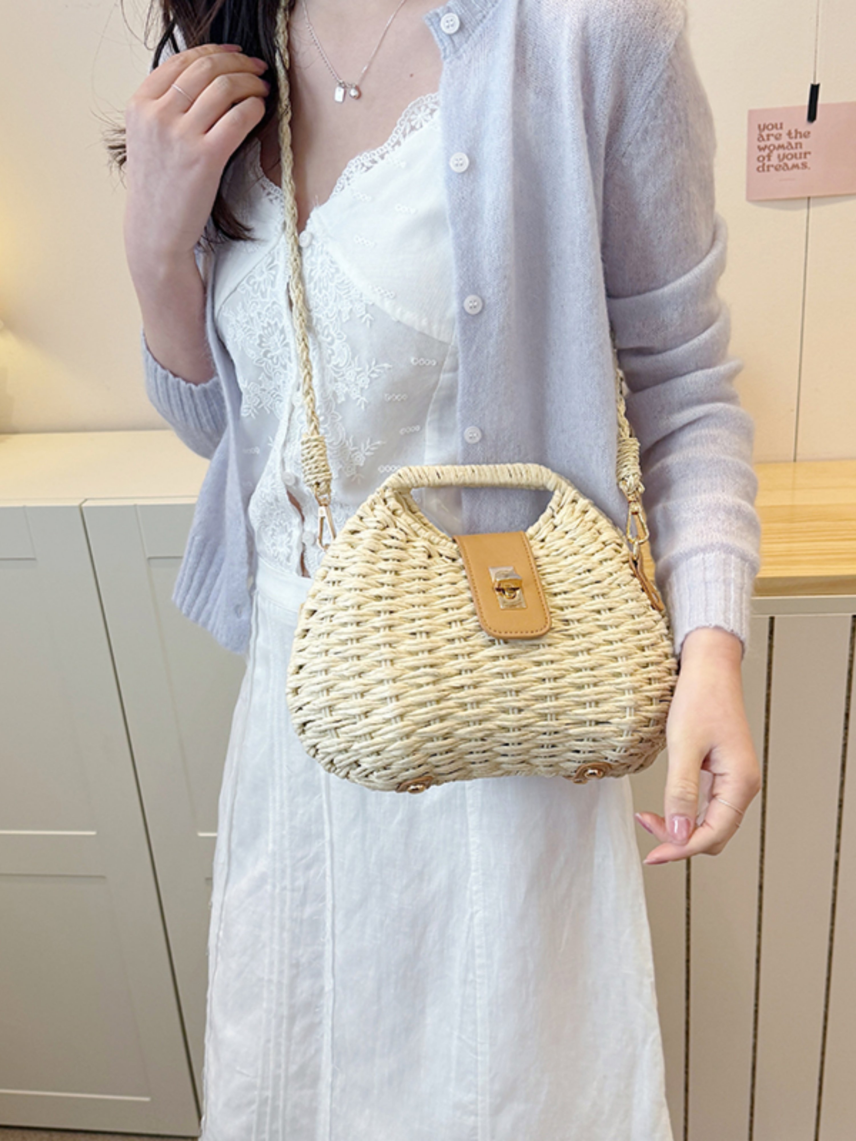 Off-White Woven Straw Shoulder Bag