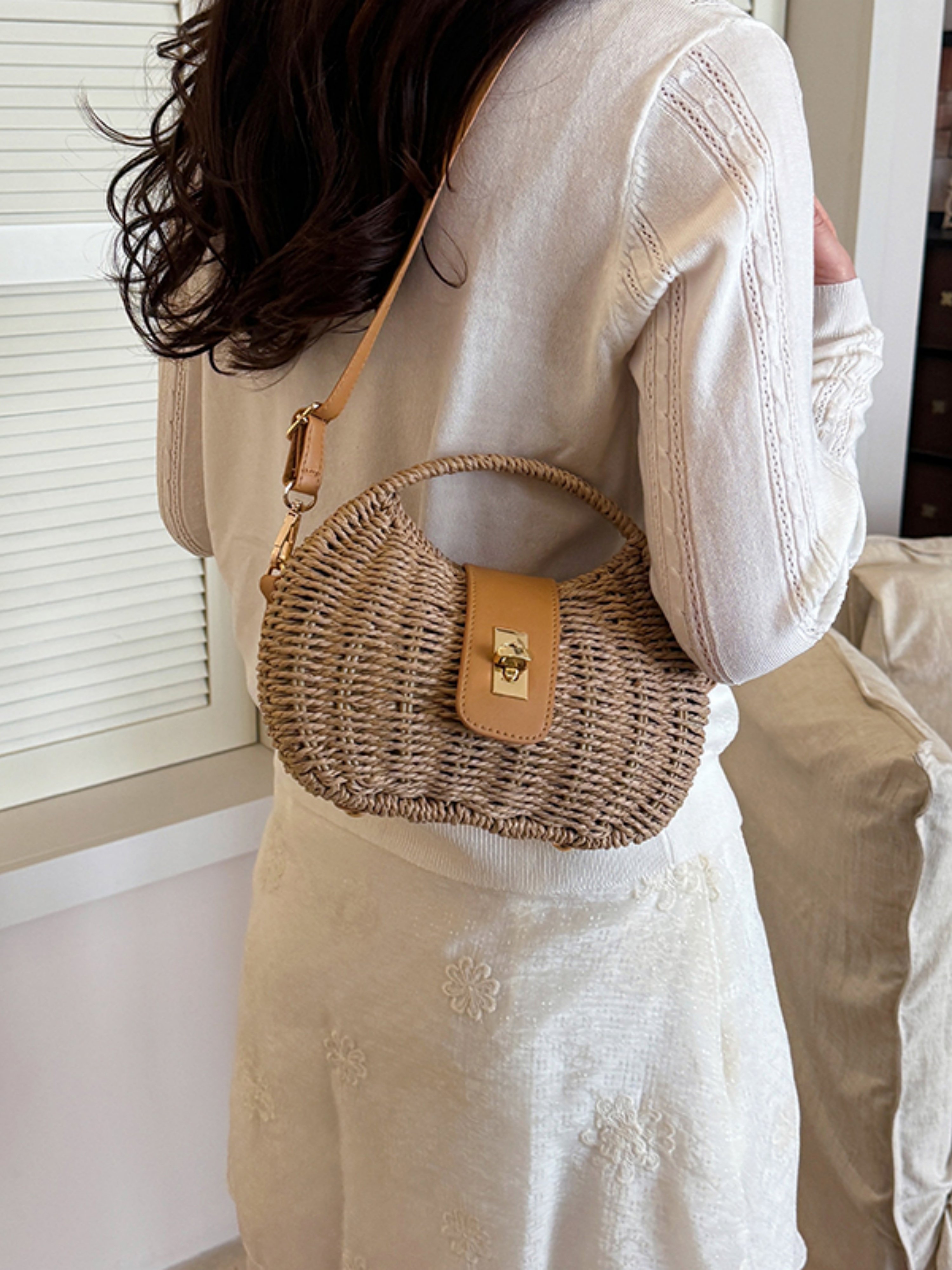 Khaki Woven Straw Shoulder Bag with Faux Leather Flap