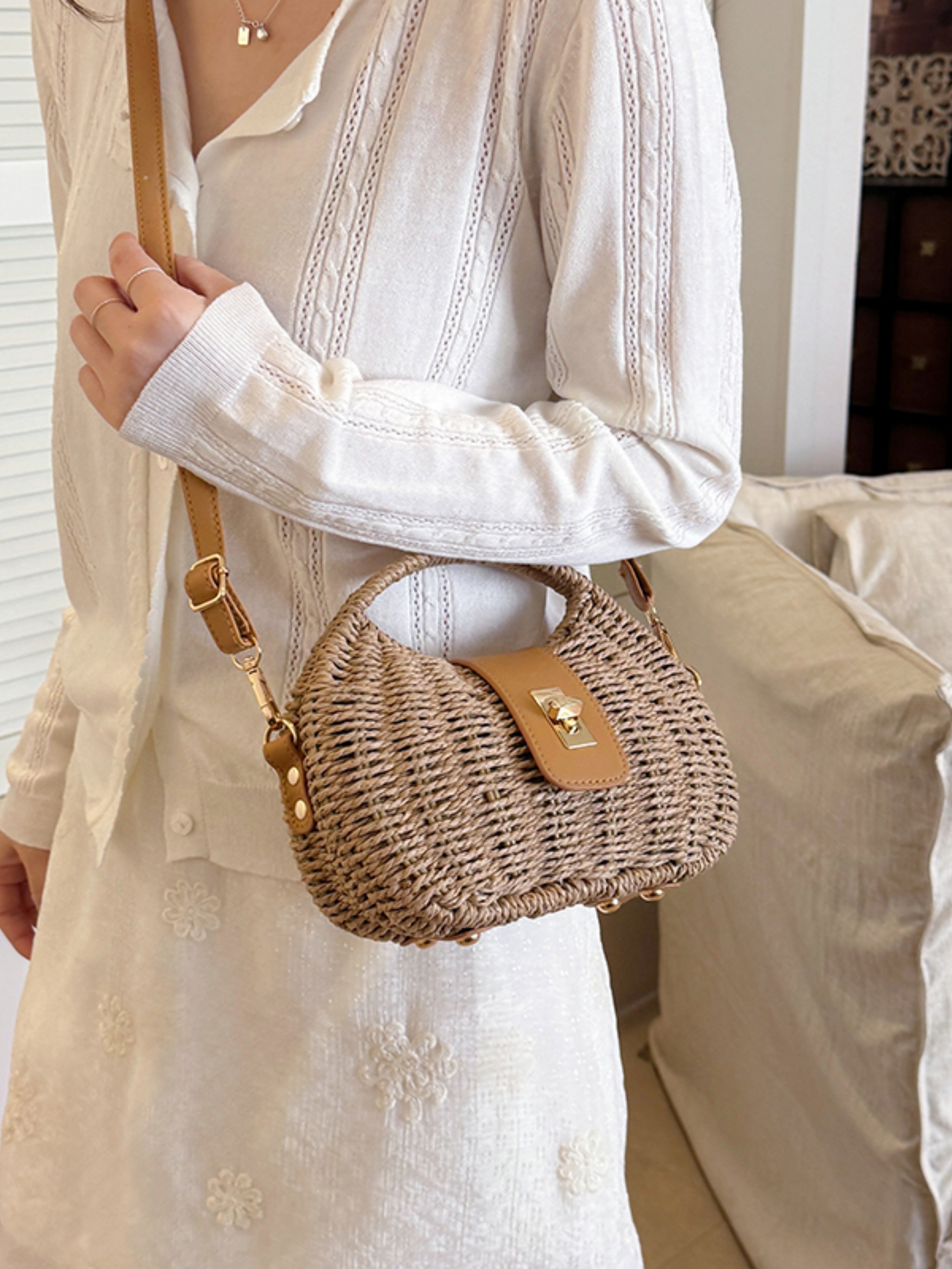 Khaki Woven Straw Shoulder Bag with Faux Leather Flap