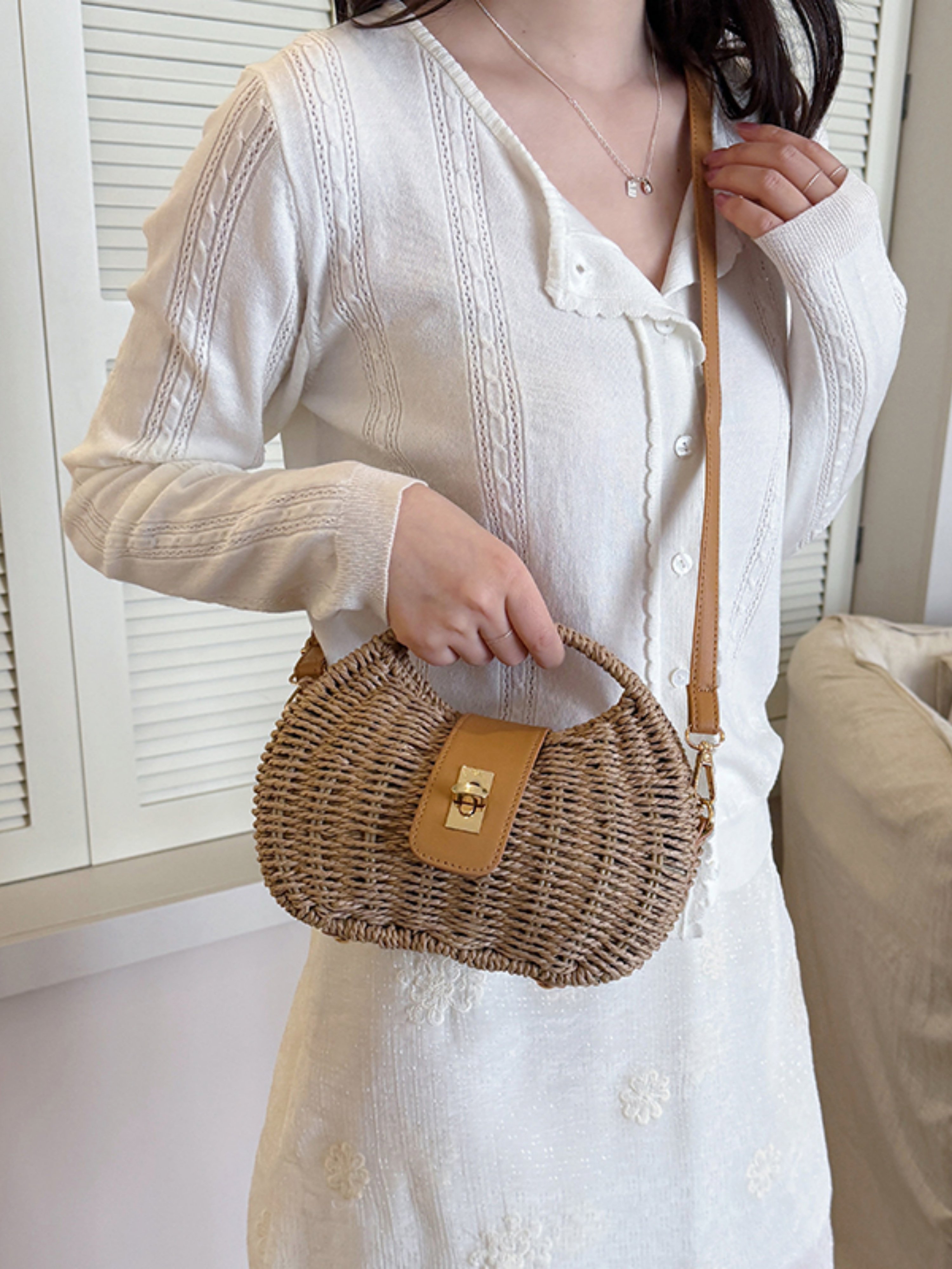Khaki Woven Straw Shoulder Bag with Faux Leather Flap