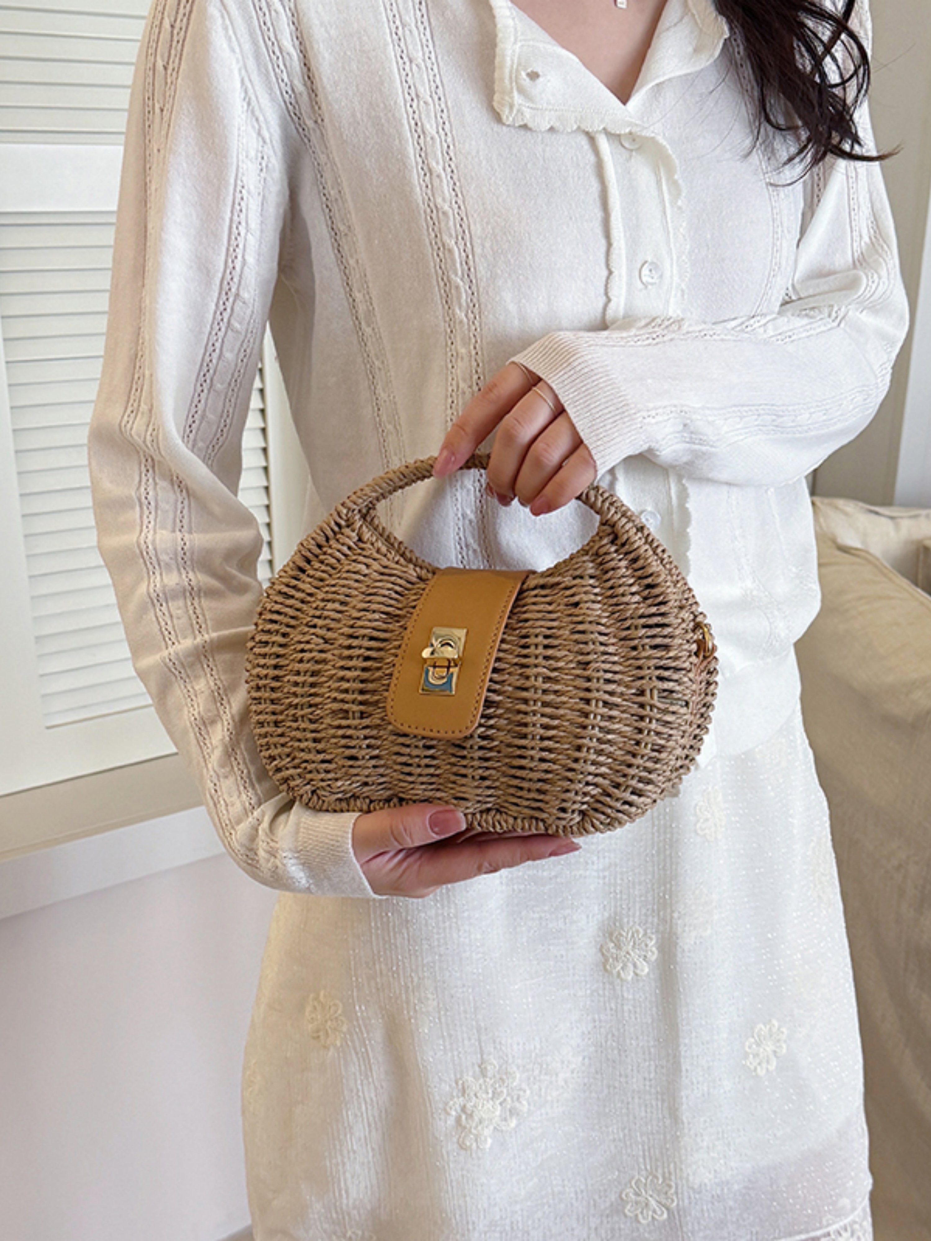 Khaki Woven Straw Shoulder Bag with Faux Leather Flap