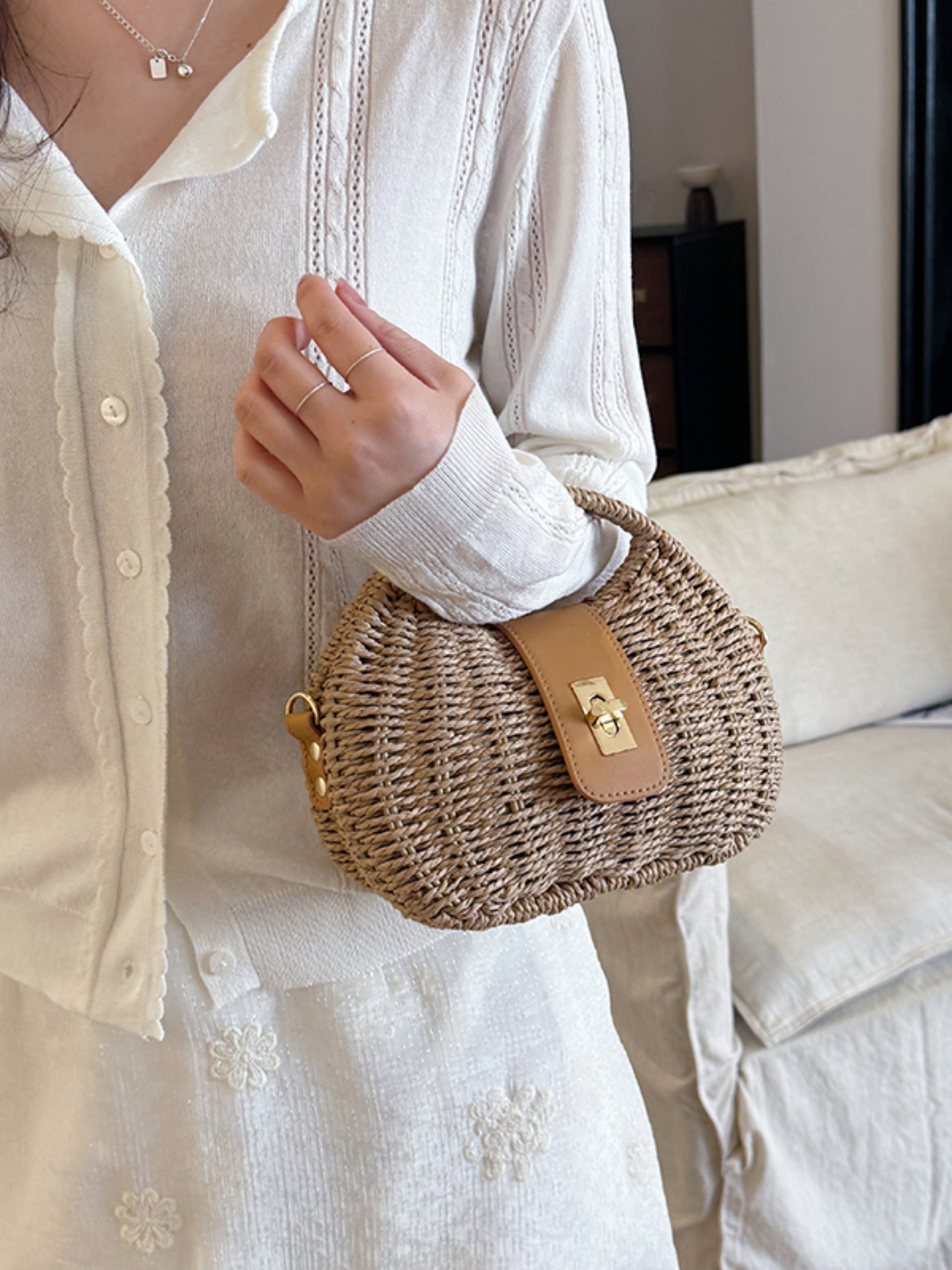 Khaki Woven Straw Shoulder Bag with Faux Leather Flap
