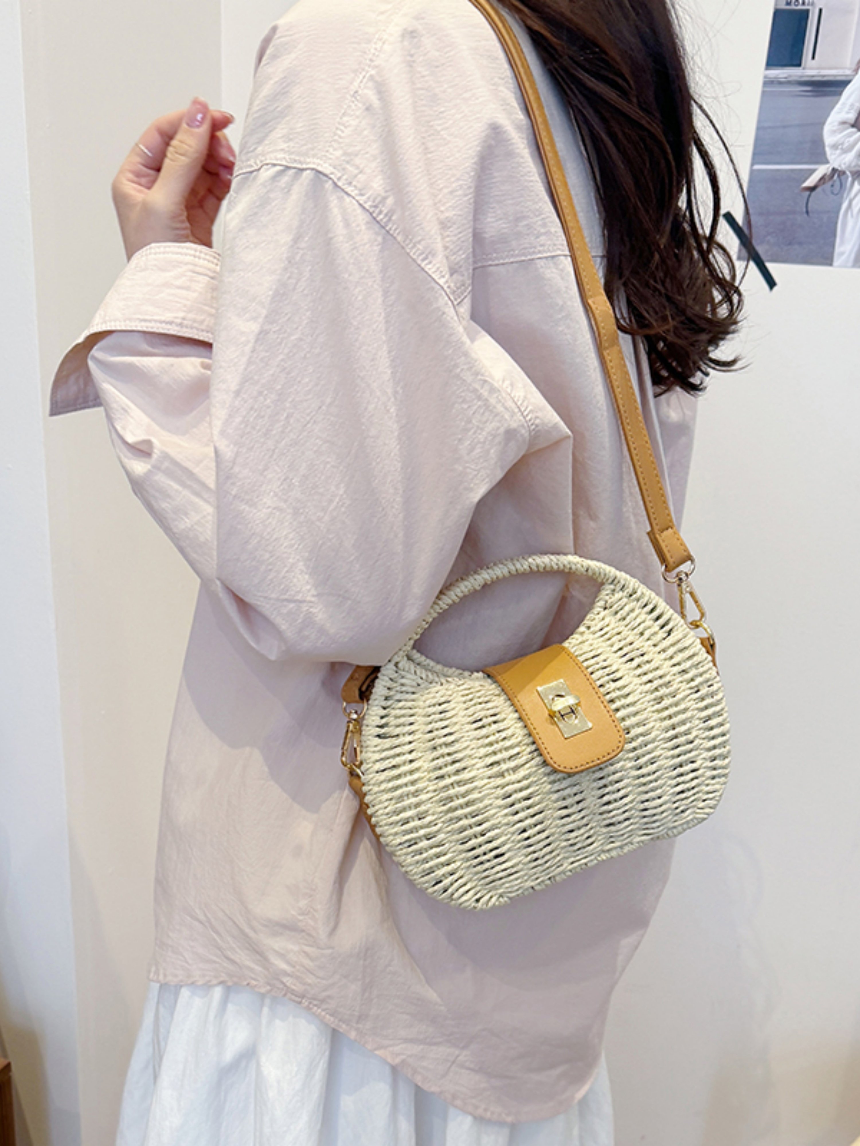 Off-White Woven Straw Shoulder Bag with Tan Trim