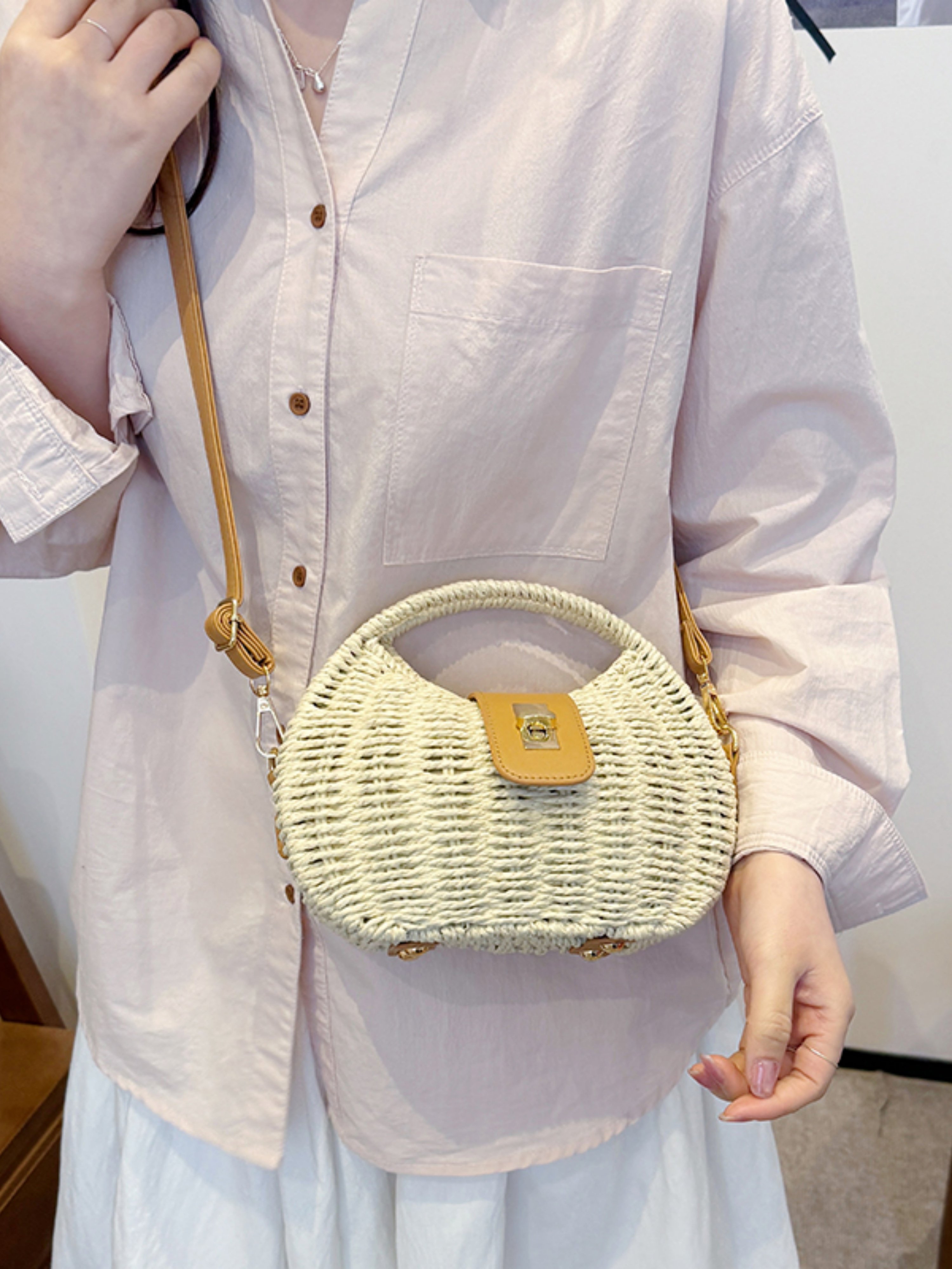 Off-White Woven Straw Shoulder Bag with Tan Trim