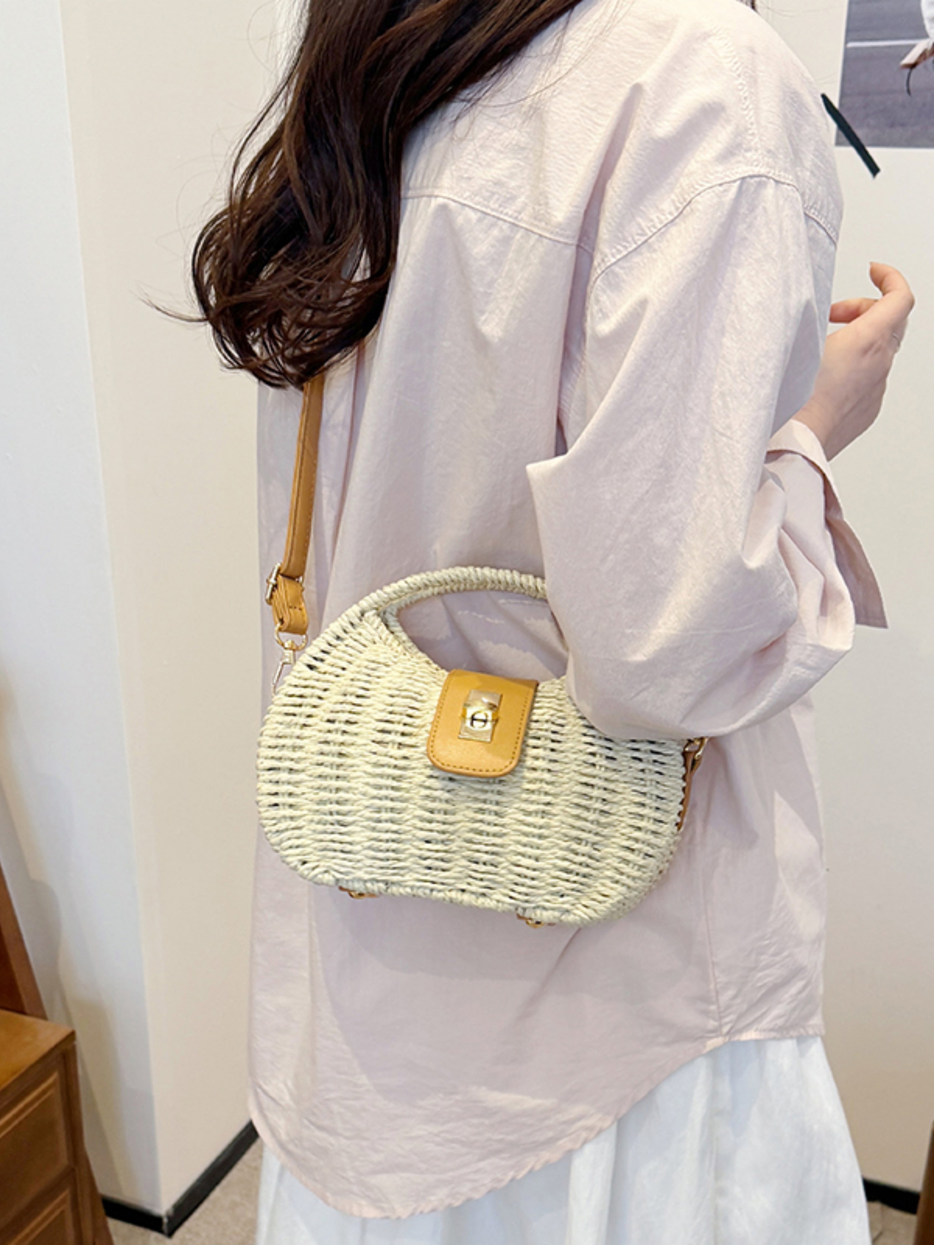Off-White Woven Straw Shoulder Bag with Tan Trim