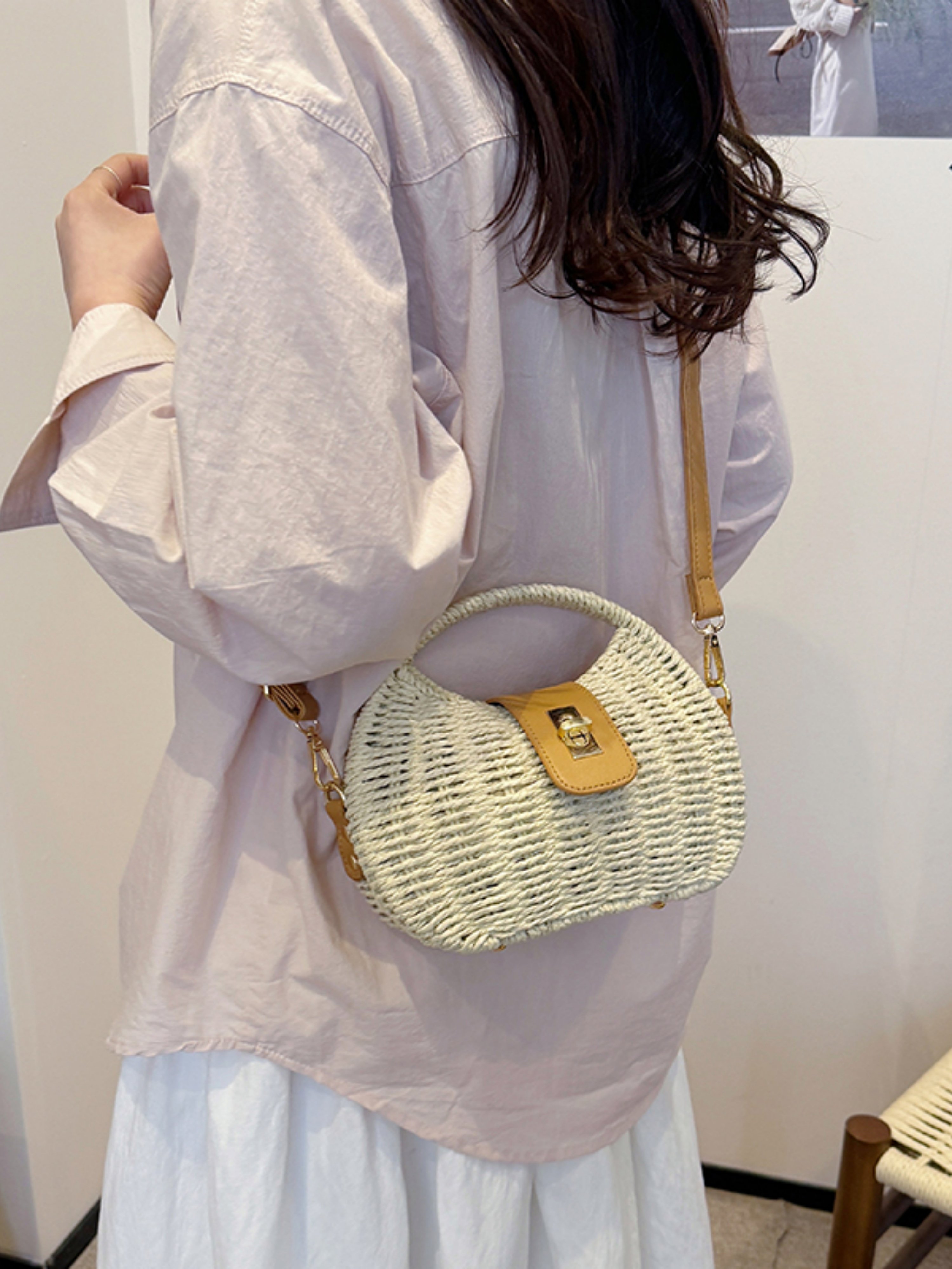Off-White Woven Straw Shoulder Bag with Tan Trim