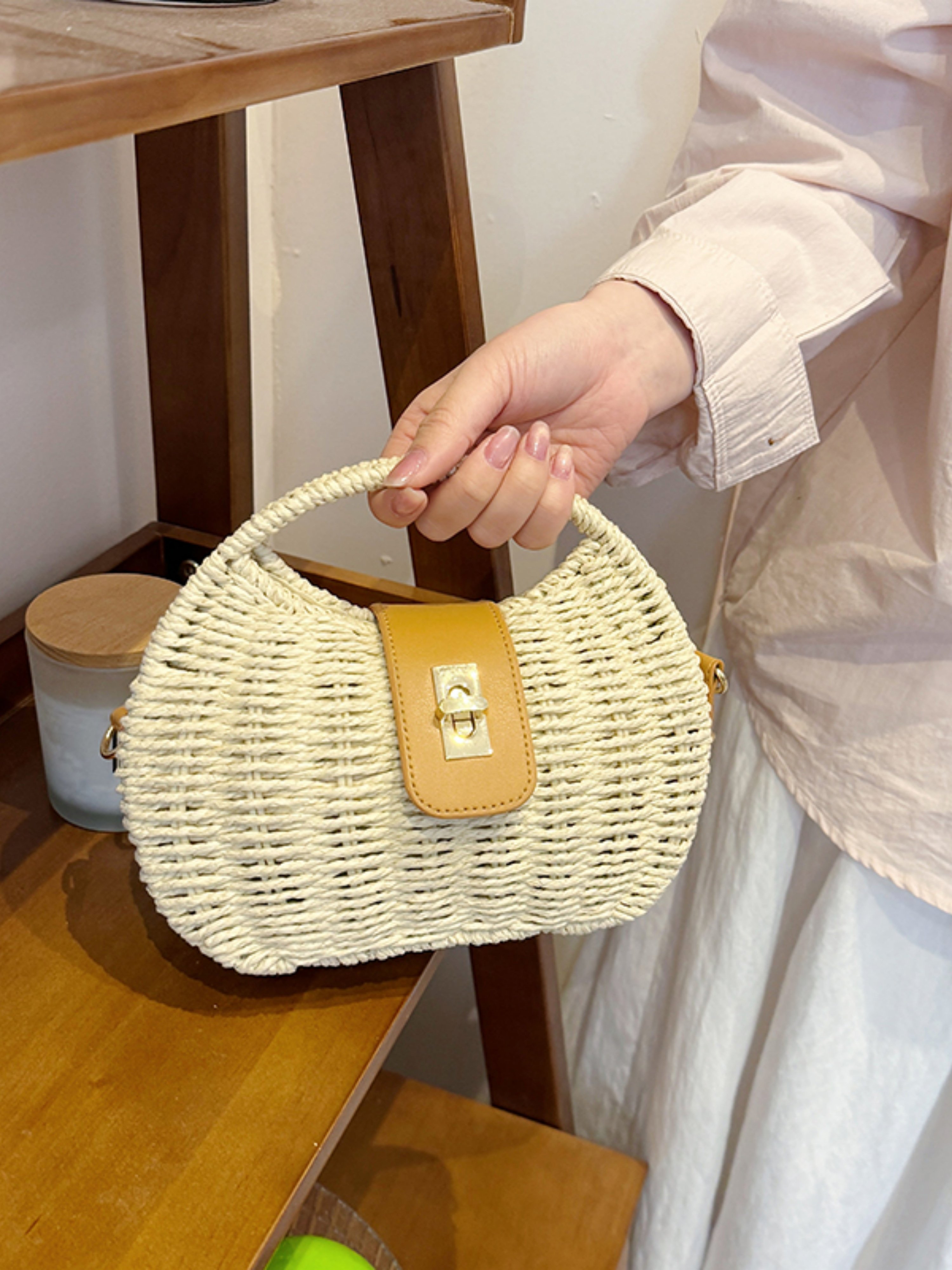 Off-White Woven Straw Shoulder Bag with Tan Trim